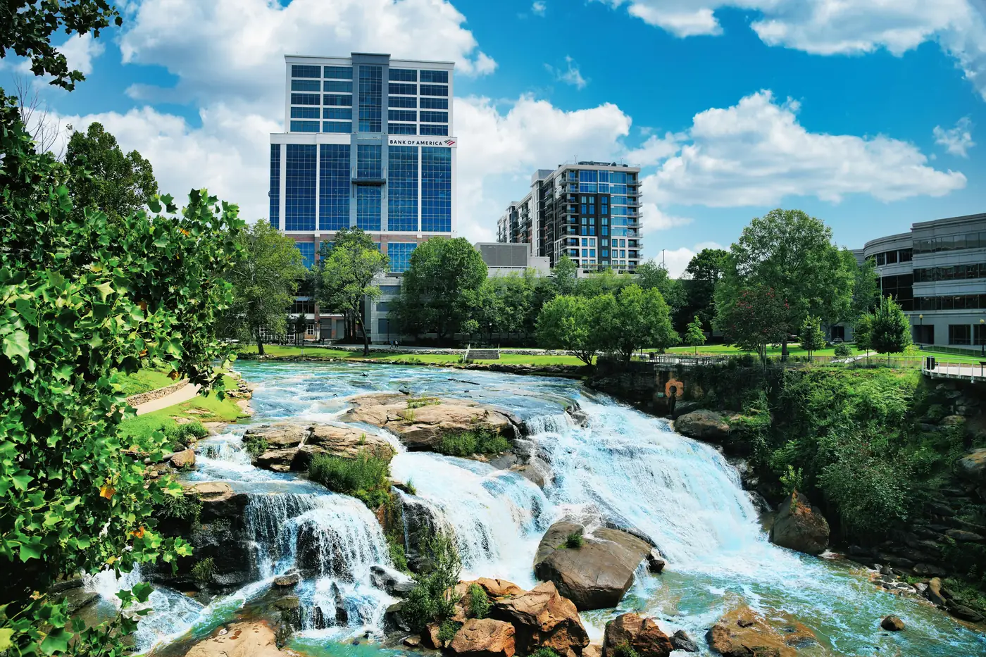Reedy River falls at Falls Park in downtown Greenville, South Carolina, where PBT Bancorp helps Veterans buy homes with VA loans