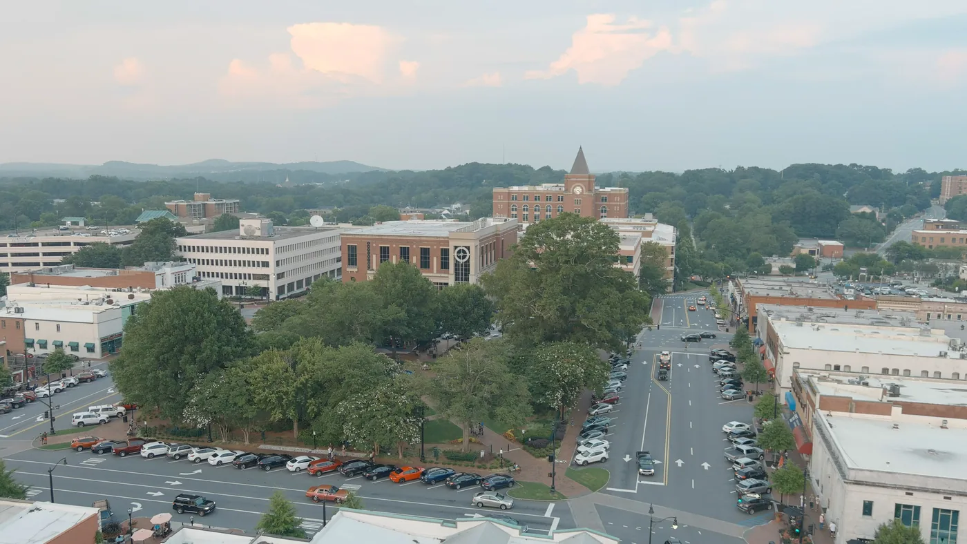 Aerial view of Marietta Square and Glover Park in Marietta, Georgia near Dobbins Air Reserve Base, where PBT Bancorp helps Reservists and Veterans buy homes with VA loans