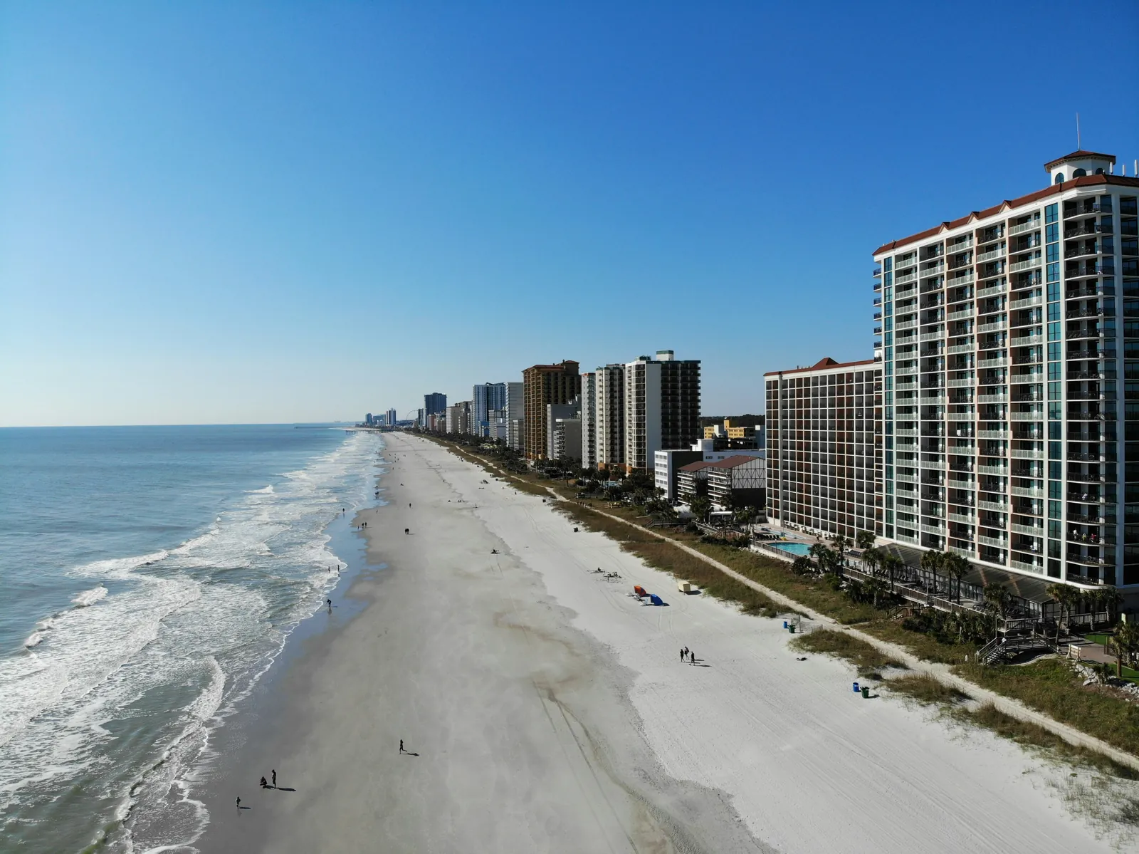 Aerial view of the Grand Strand beachfront in Myrtle Beach, South Carolina, where PBT Bancorp helps Veterans and military retirees buy homes with VA loans