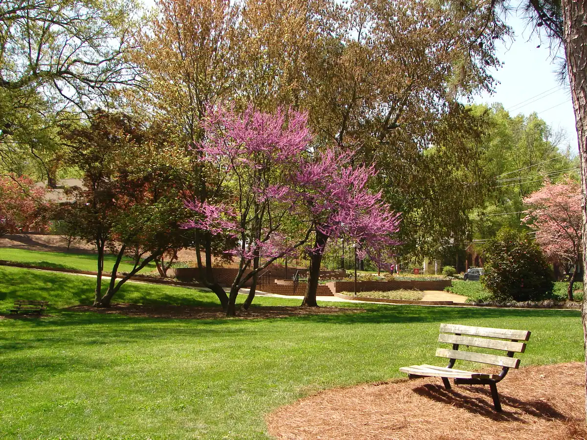 Spring blooms and a park bench at Glencairn Garden in Rock Hill, South Carolina, where PBT Bancorp helps Veterans buy homes with VA loans