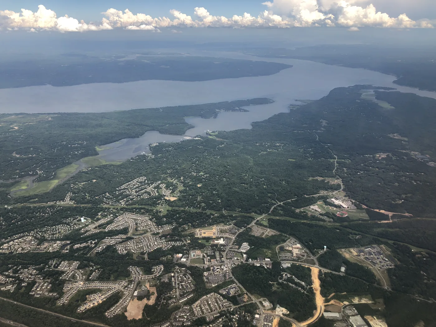 Aerial view east over Stafford Courthouse toward Aquia Creek and the Potomac River in Stafford County, Virginia, where PBT Bancorp helps Quantico Marines buy homes with VA loans