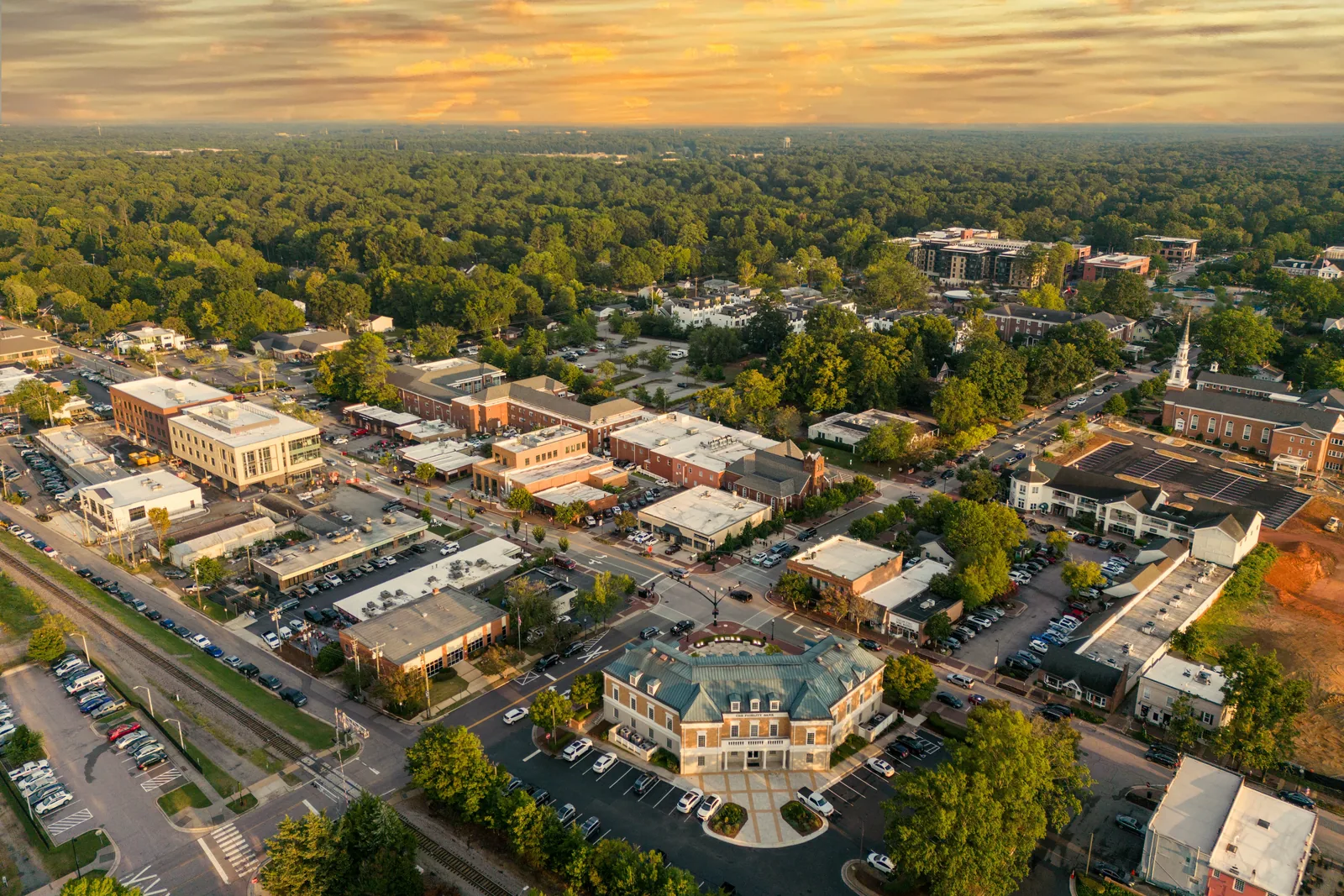 Aerial view of downtown Cary in the Raleigh area at sunset