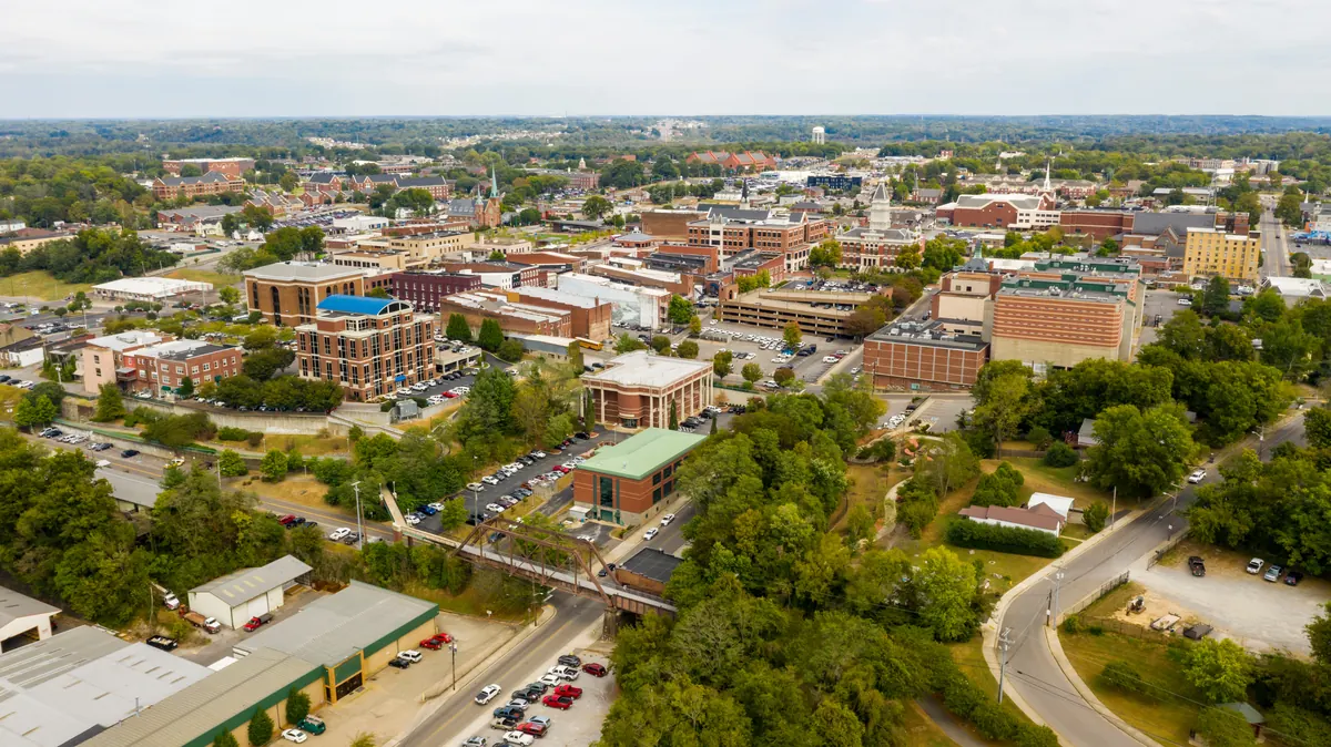 Aerial view of downtown Clarksville, Tennessee with the historic railroad trestle near Fort Campbell