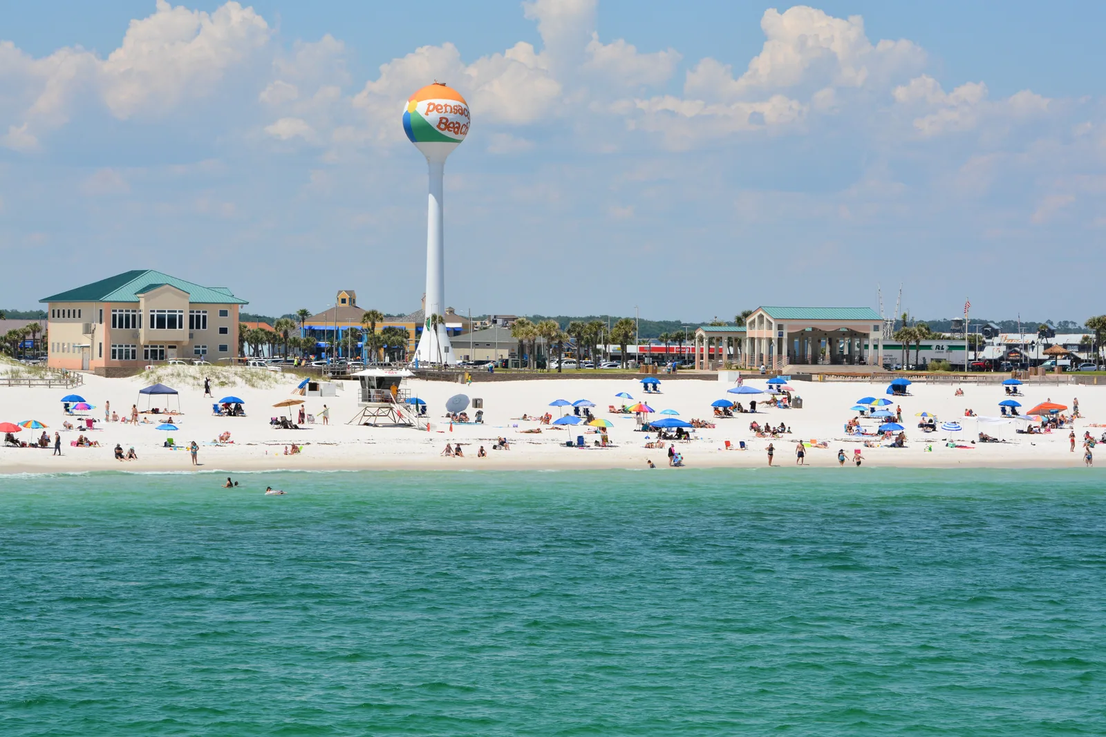Pensacola Beach shoreline and the Pensacola Beach water tower on the Gulf of Mexico