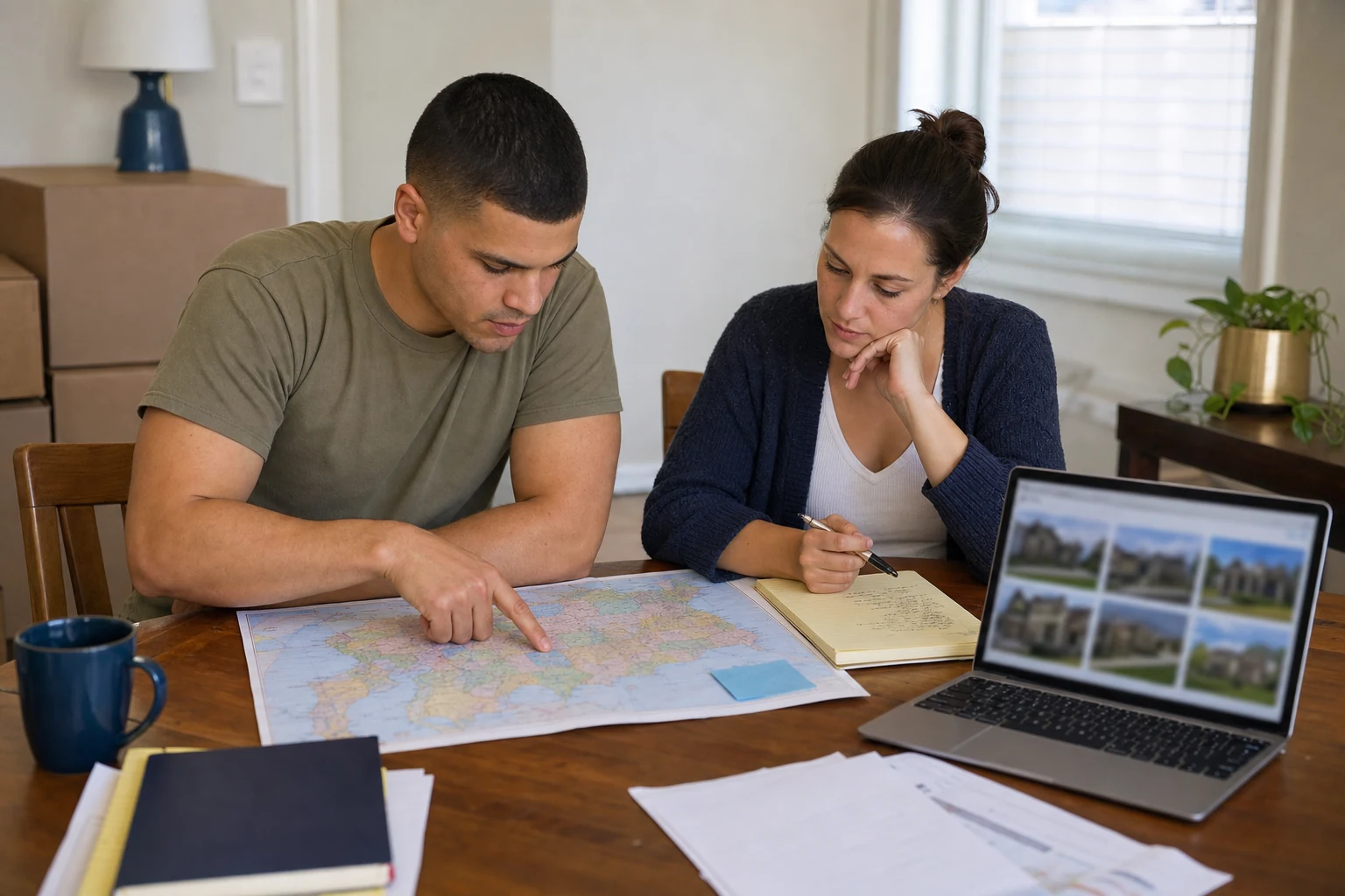 Couple planning a move with a map and home listings Couple comparing locations on a map beside home listings on a laptop