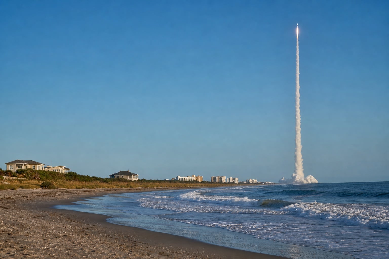 VA loans near Patrick Space Force Base and Cocoa Beach A rocket lifting off beyond the Cocoa Beach shoreline on Florida's Space Coast
