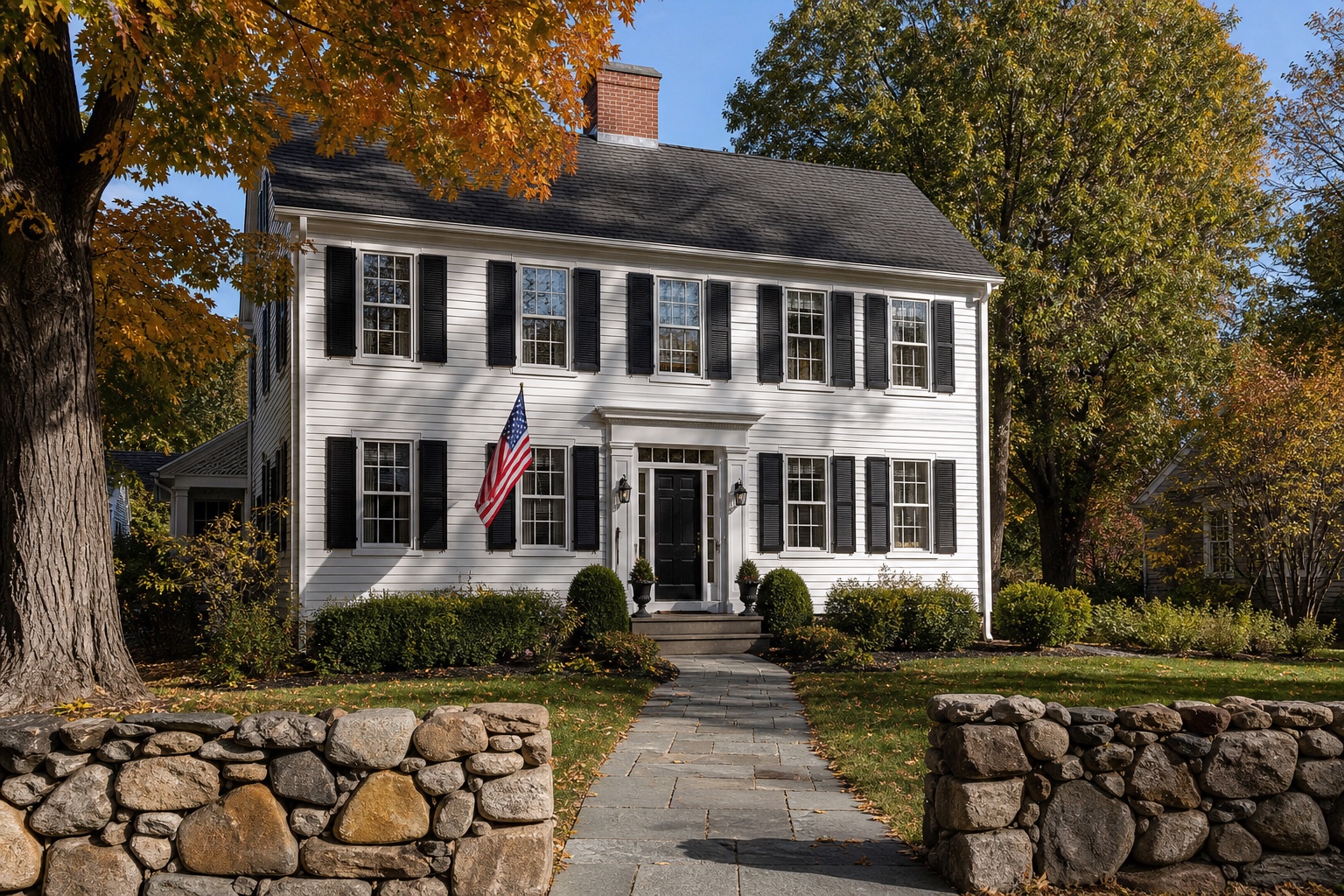 Connecticut VA IRRRL refinance Connecticut colonial home with white siding, autumn maples, a fieldstone wall, and an American flag
