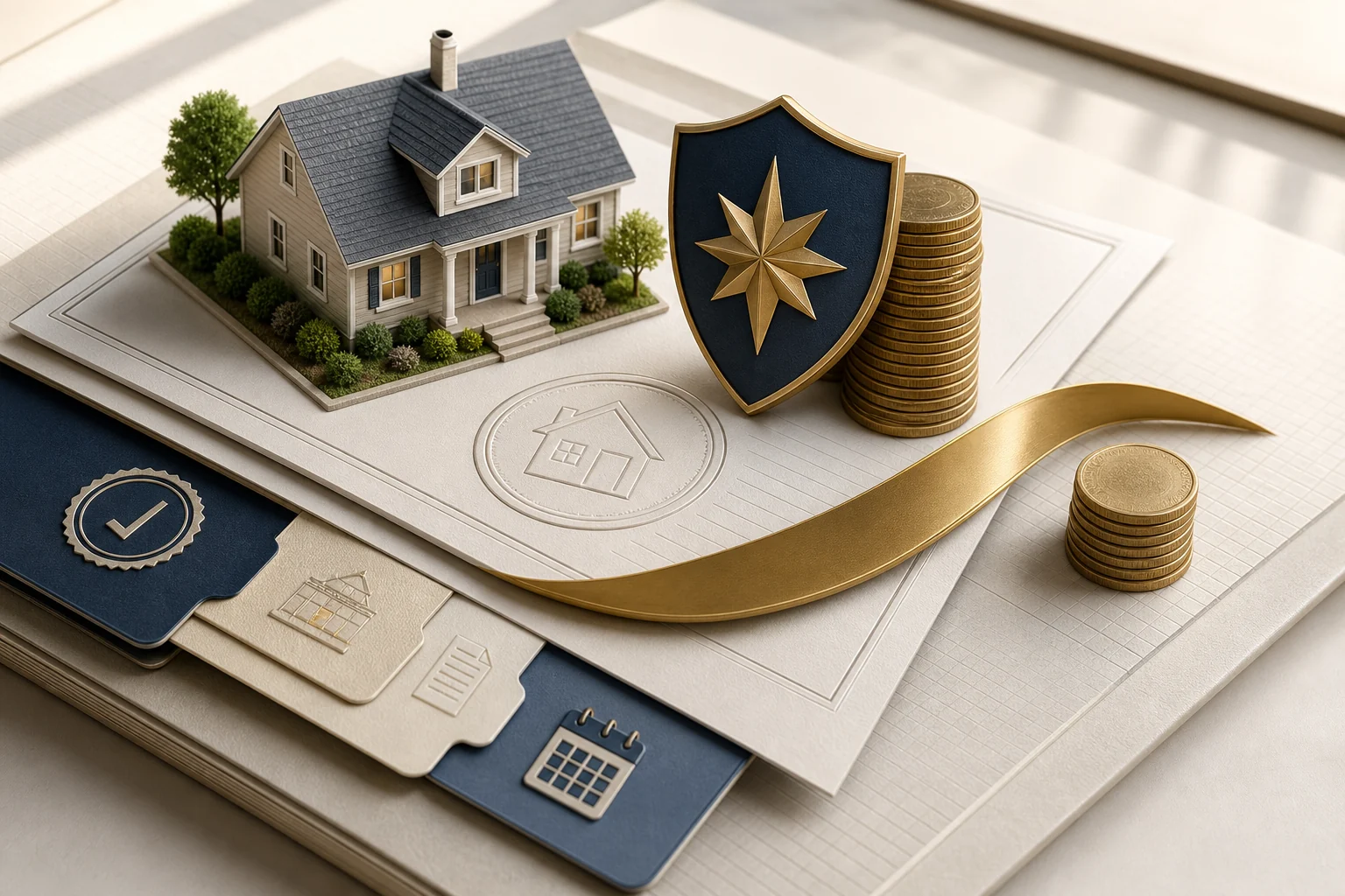 Property tax relief and its effect on a housing payment Model house, shield, coin stacks, and rising line arranged on property documents