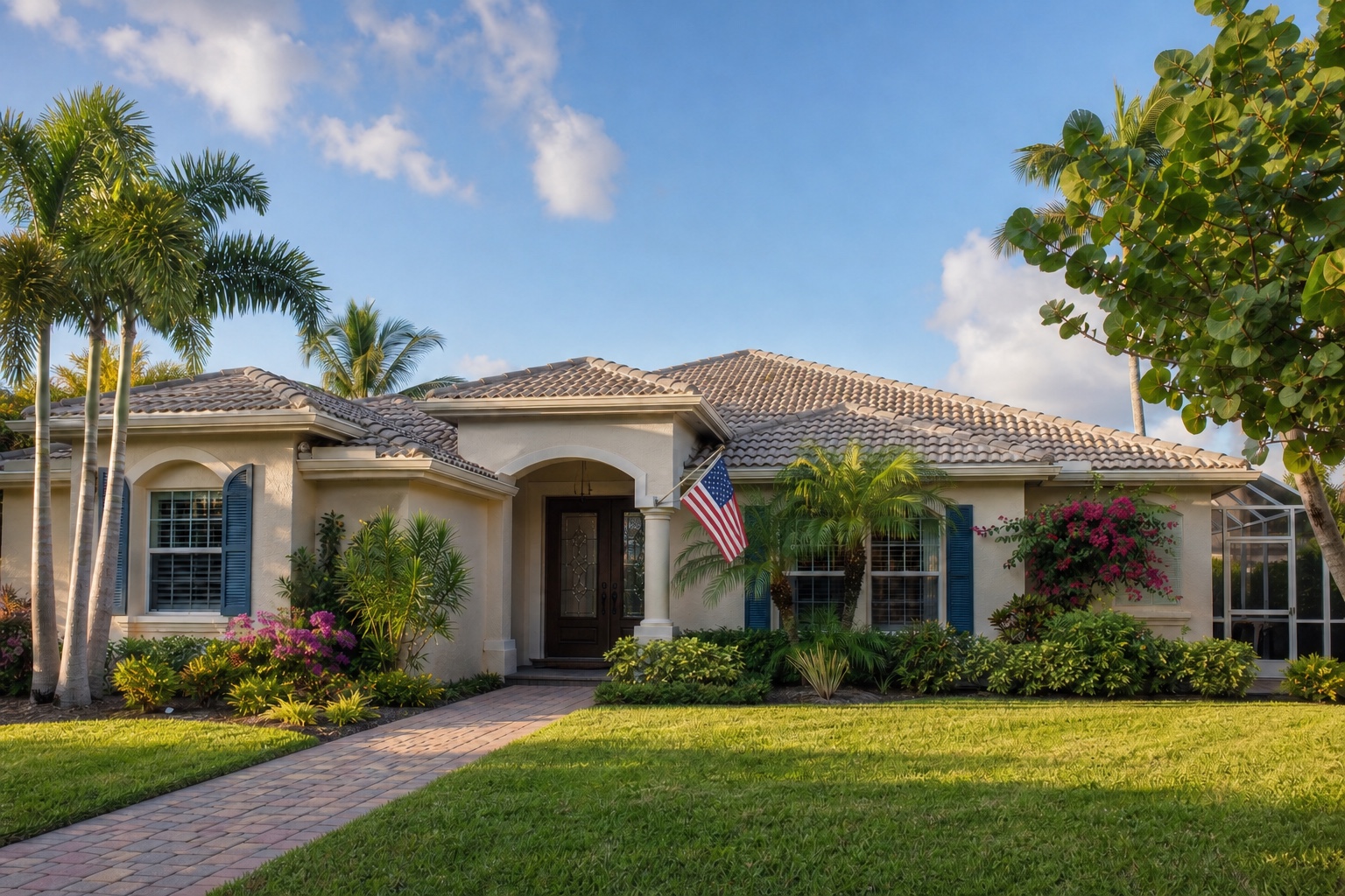 Florida stucco home with palms and an American flag mounted on the front porch