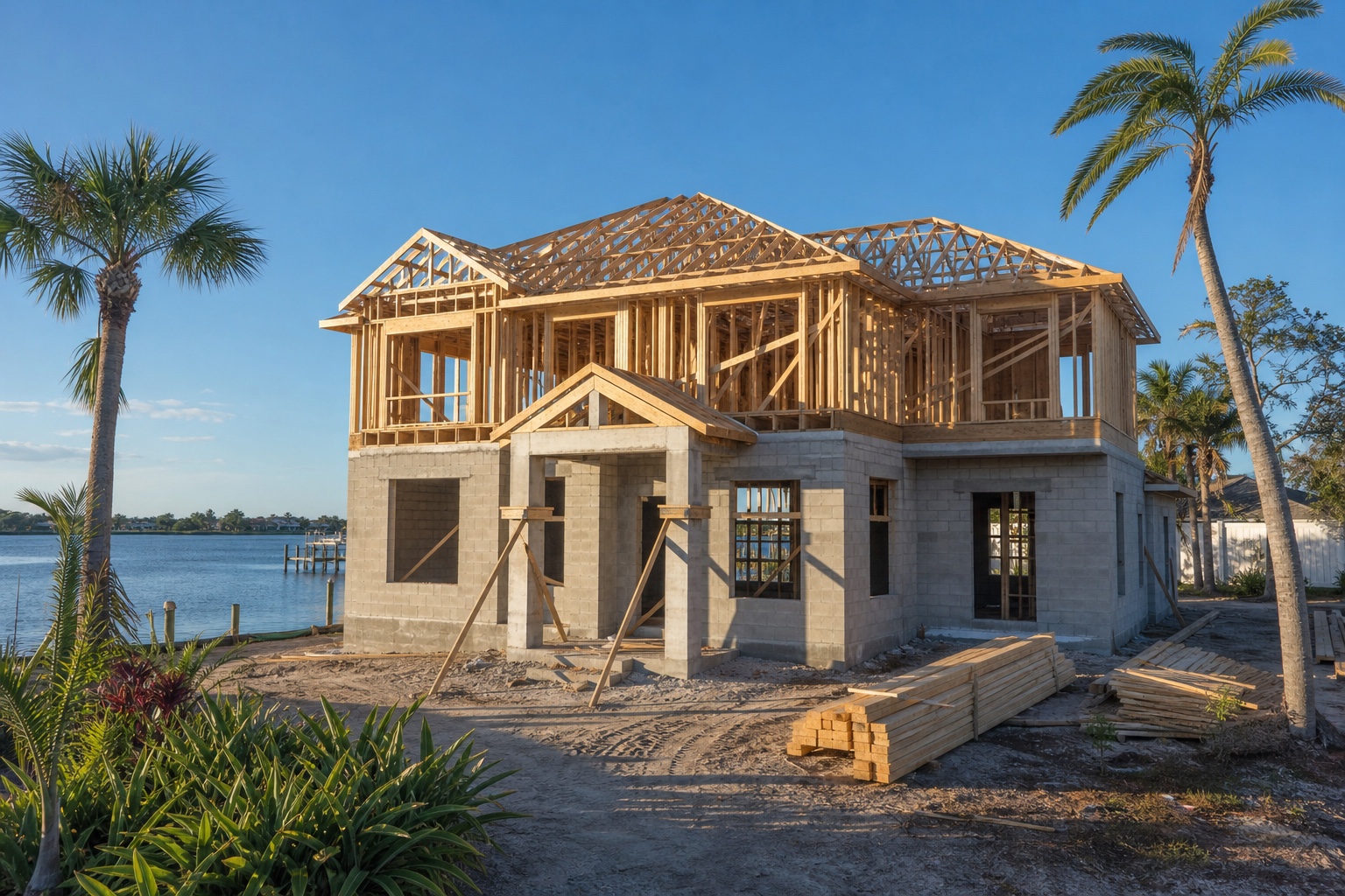 Florida waterfront concrete-block home under construction with wood framing, roof trusses, and varied palm trees