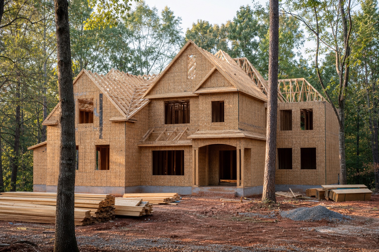 Georgia VA construction site, builder, and lien review Complete Georgia two-story home under construction with sheathing, roof trusses, trees, and red clay soil