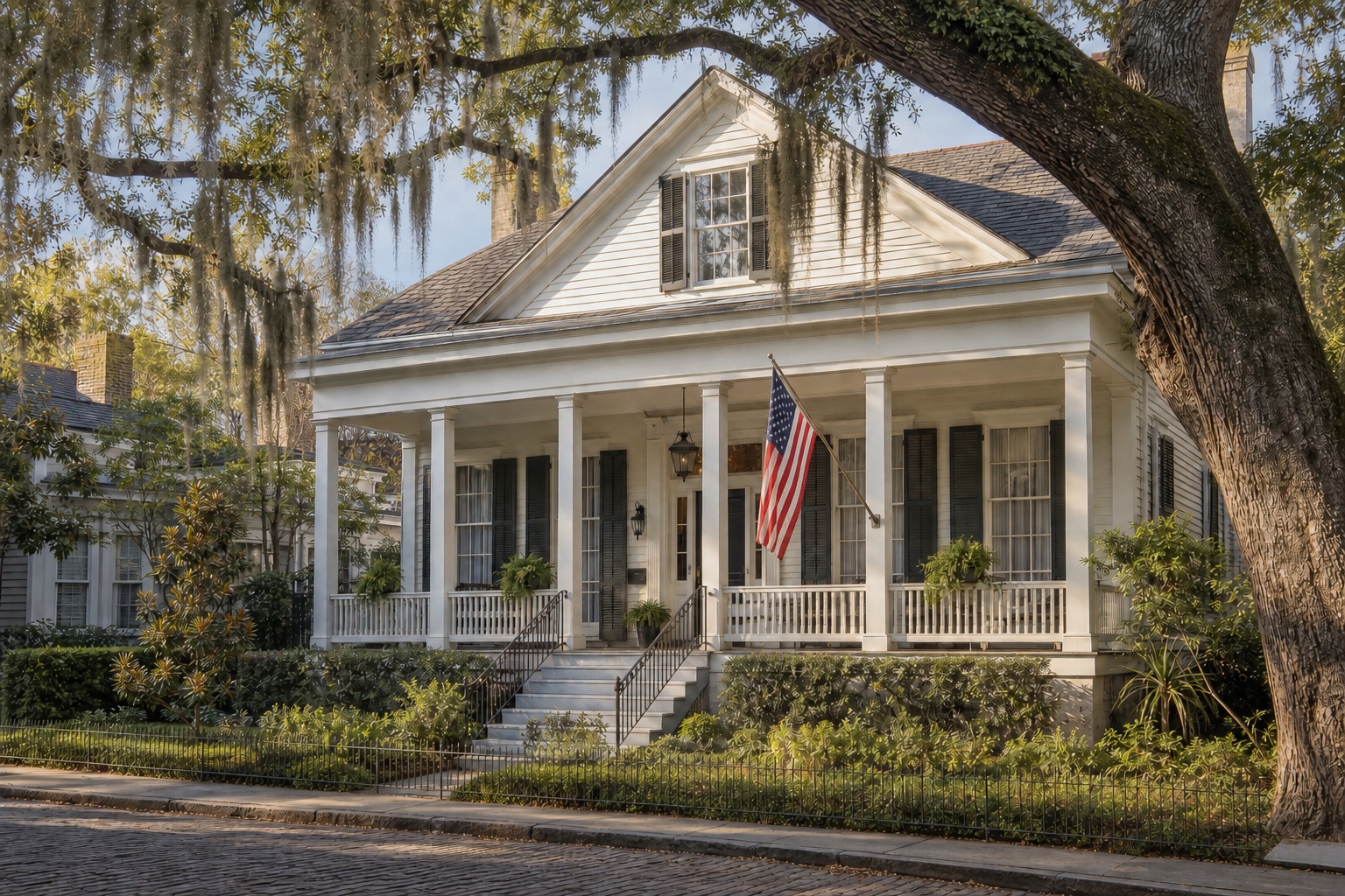 Georgia VA IRRRL guidance for Savannah-area homeowners Historic Savannah home with a wide porch, live oak, Spanish moss, and an American flag