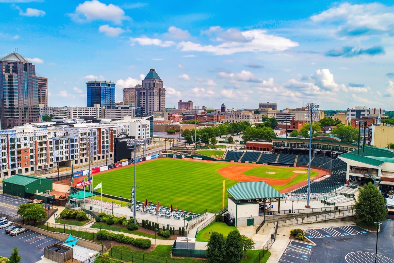 Downtown Greensboro skyline overlooking a baseball stadium in Greensboro, North Carolina