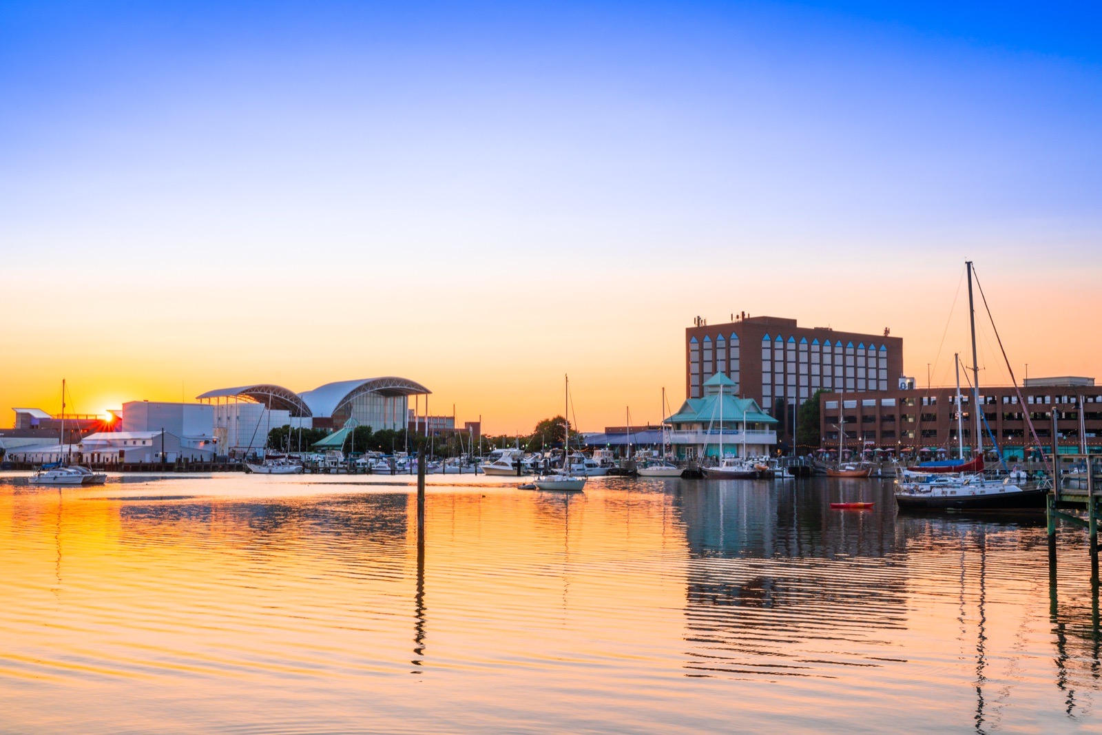 Downtown Hampton waterfront and marina at sunset in Hampton, Virginia