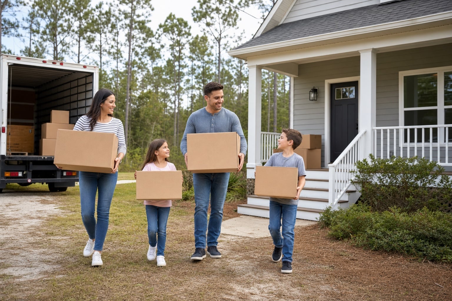 Military family moving into a Jacksonville, North Carolina home Military family carrying moving boxes into a Jacksonville, North Carolina home near longleaf pines