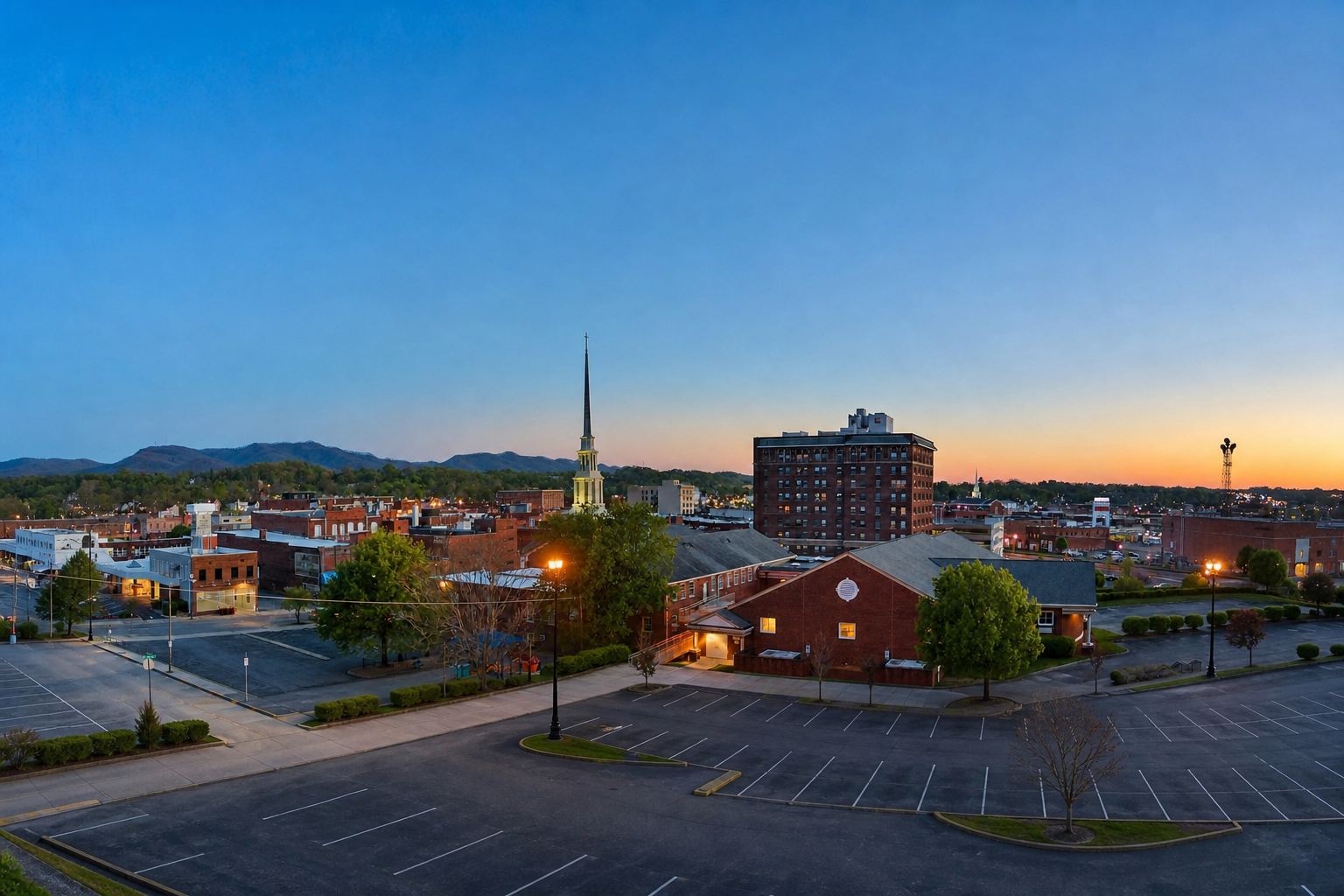 Downtown Johnson City, Tennessee at sunset with Buffalo Mountain behind the city
