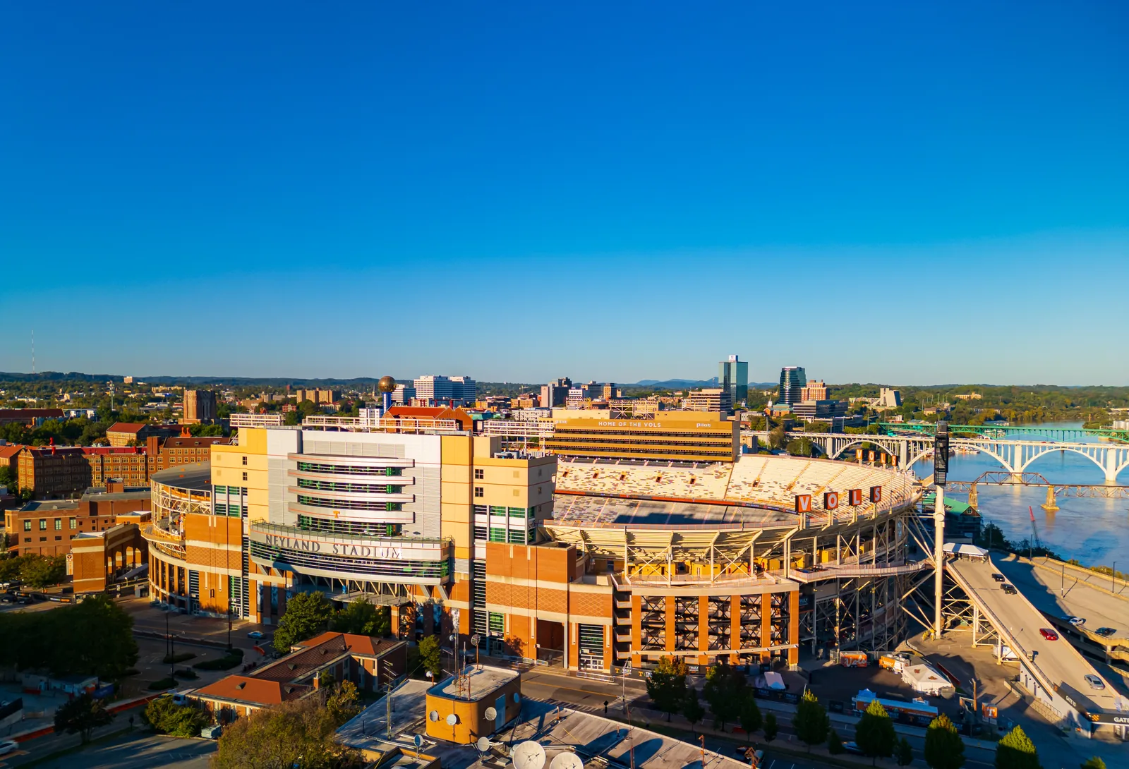 Neyland Stadium, downtown Knoxville, and the Tennessee River