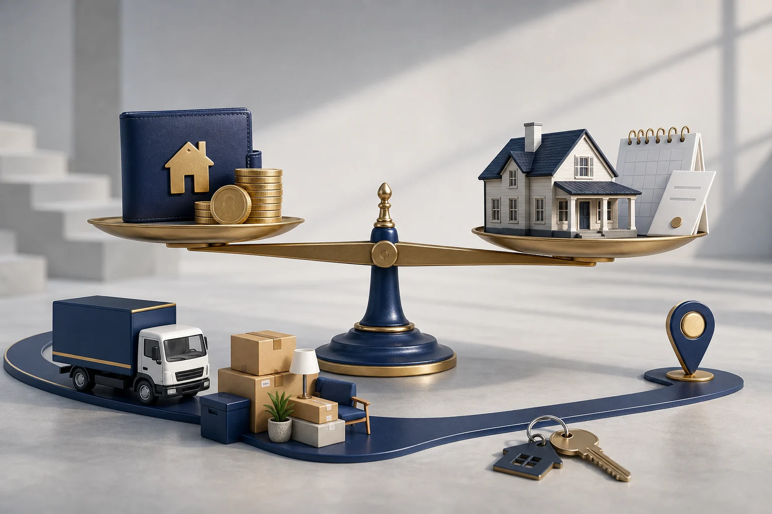 Military housing allowance, payment, and PCS move comparison Balance scale holding a wallet and coins opposite a house and calendar, with moving boxes below