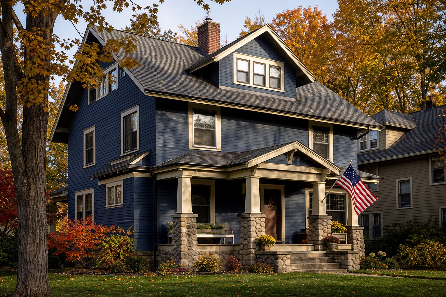 New York VA IRRRL mortgage-tax and closing review Upstate New York craftsman home with blue siding, stone porch, autumn trees, and an American flag