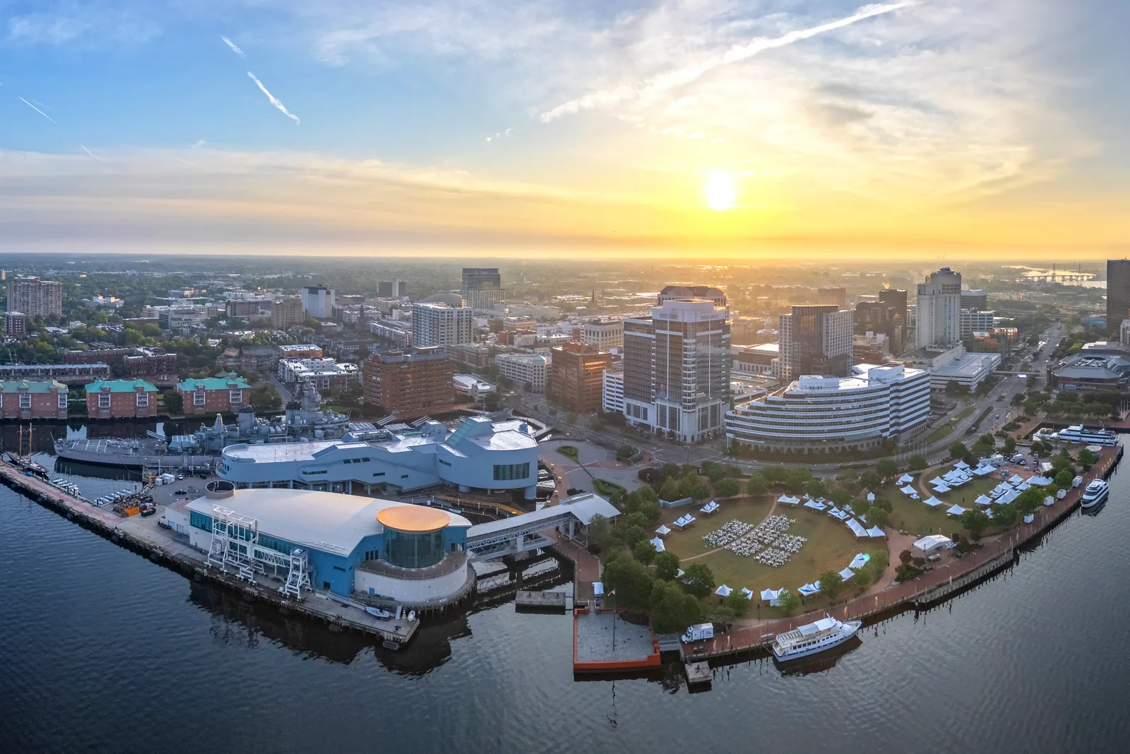 Downtown Norfolk and the Elizabeth River waterfront at sunrise