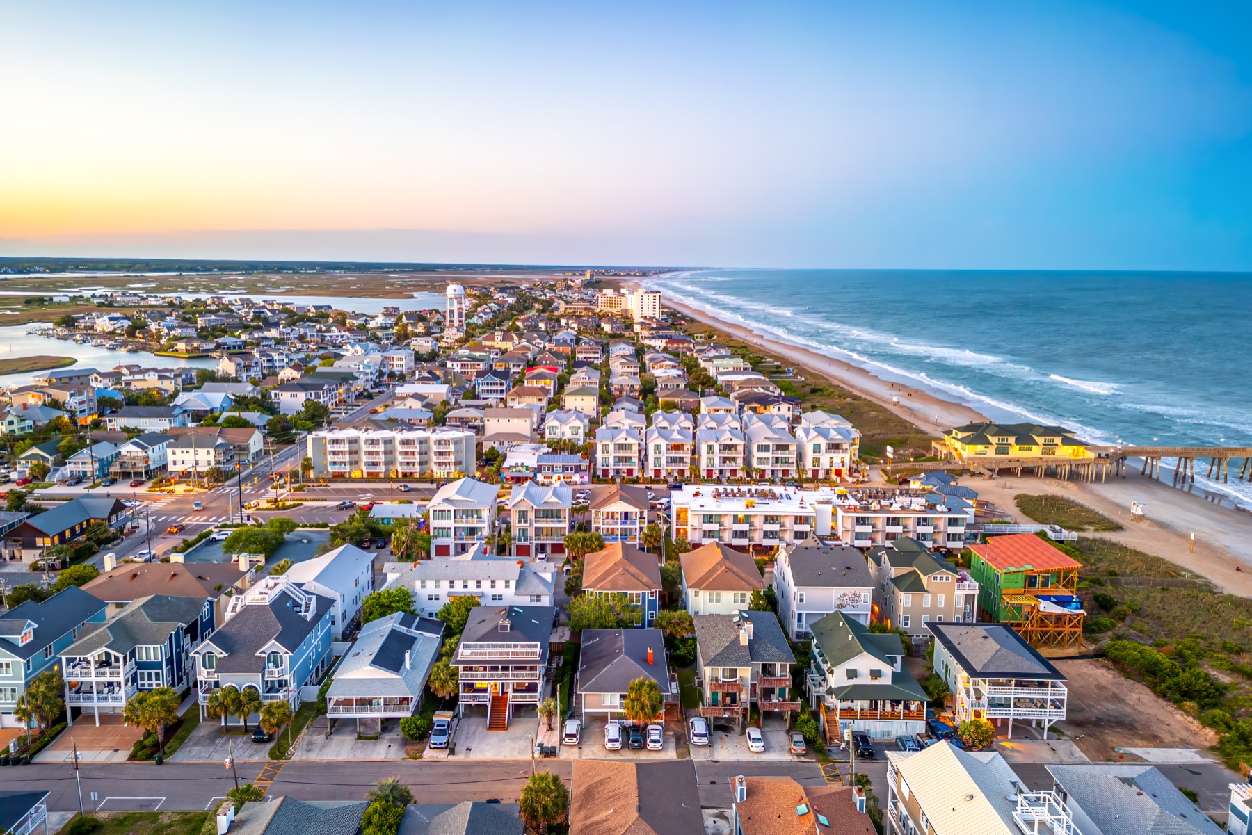 Aerial view of Wrightsville Beach and coastal homes in North Carolina