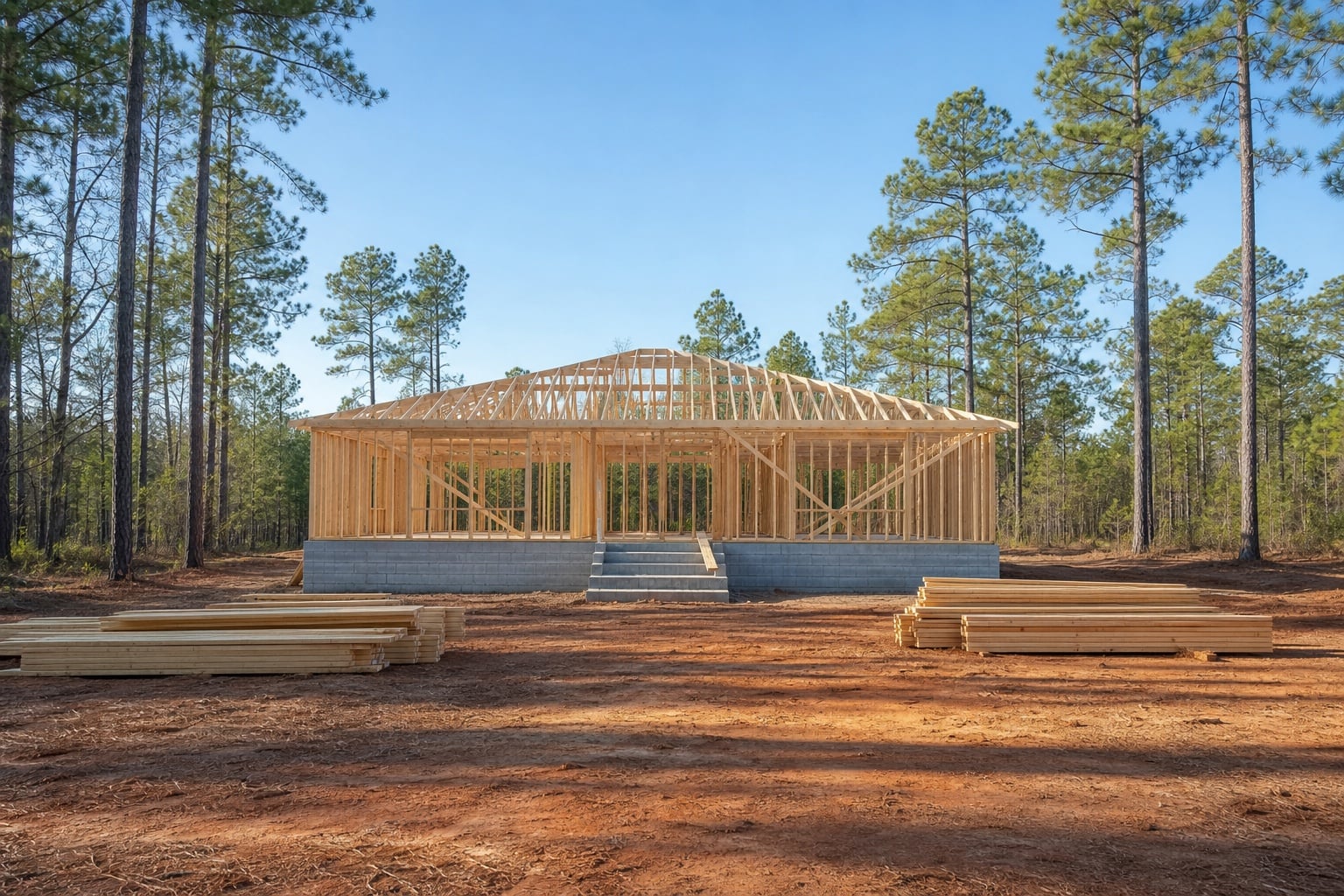 North Carolina VA construction and lien-agent planning Complete North Carolina home framing on a masonry foundation among longleaf pines and red soil