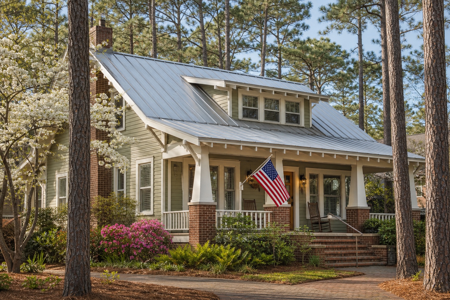 North Carolina VA IRRRL title and loan comparison Cape Fear Craftsman home with a metal roof, deep porch, longleaf pines, dogwood, azaleas, and an American flag
