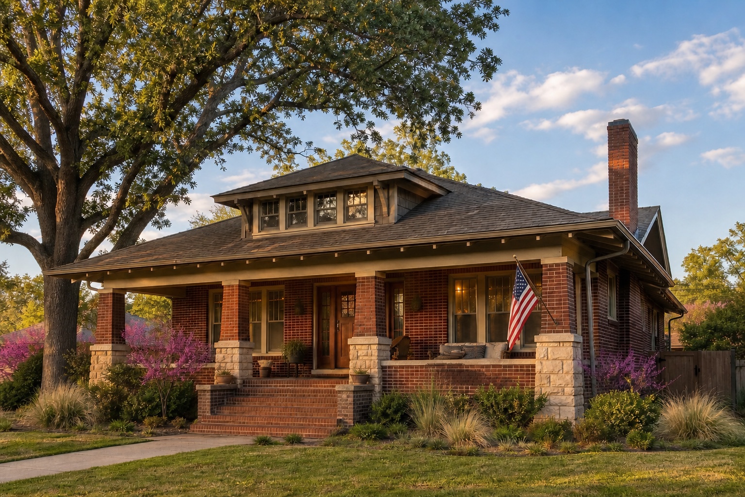 Oklahoma VA IRRRL cost and insurance review Oklahoma brick Craftsman home with limestone porch piers, mature post oak, open sky, and an American flag