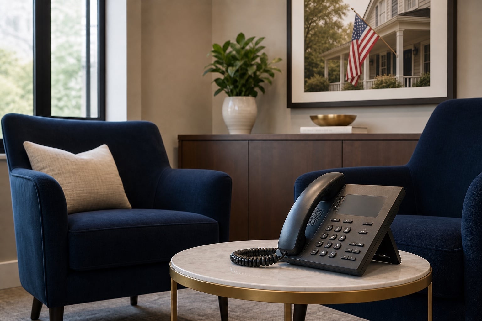 Office seating area with two navy chairs, a telephone, and a framed photograph of an American flag mounted on a home