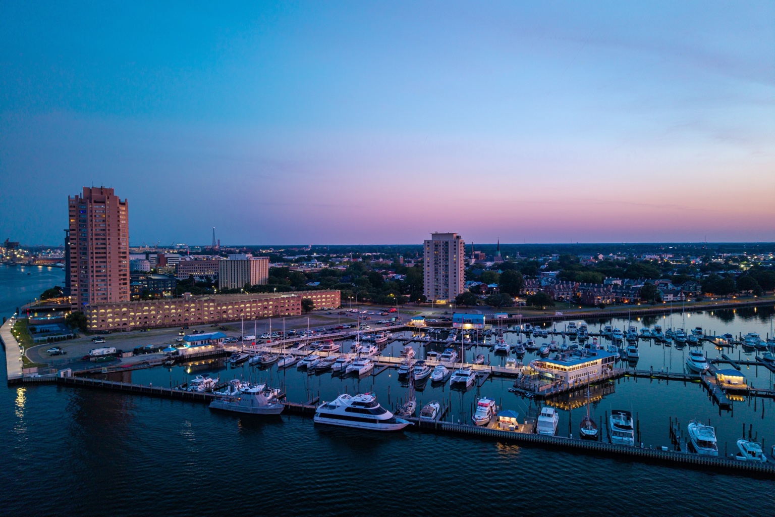 Olde Towne Portsmouth and the Portsmouth City Marina along the Elizabeth River at sunset