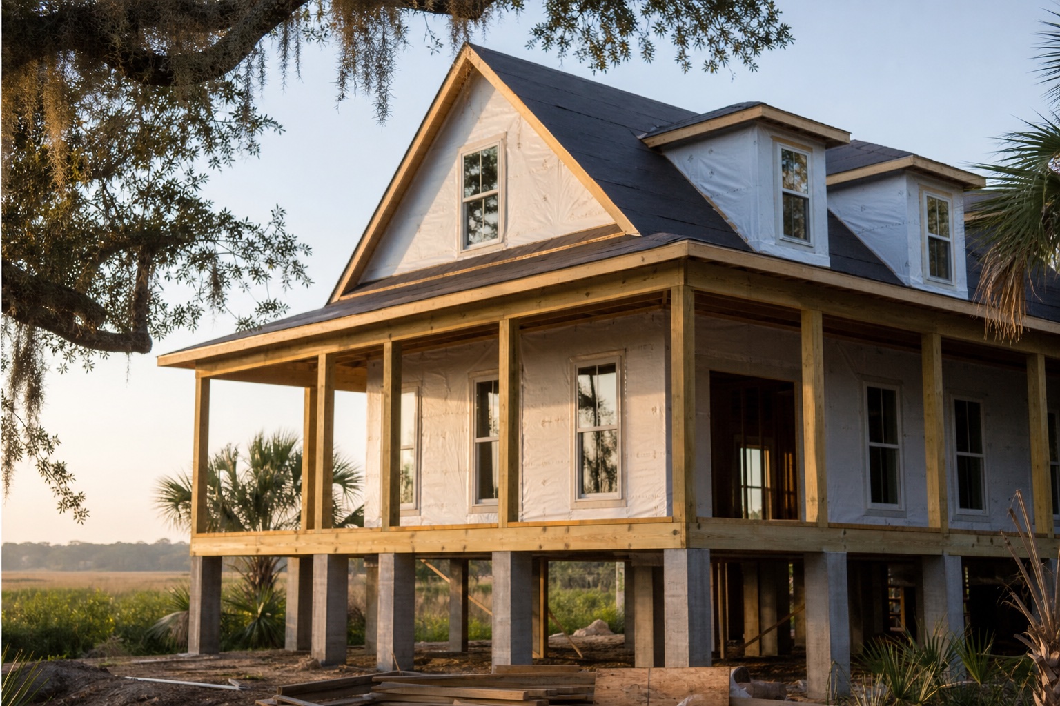 South Carolina VA one-time-close construction loans Raised South Carolina Lowcountry home under construction with porch framing and marsh vegetation