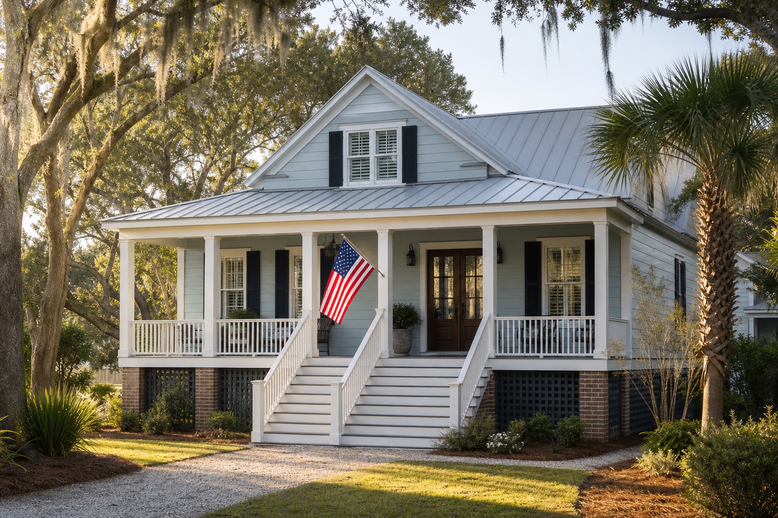 South Carolina VA IRRRL deed, lien, and coastal insurance review South Carolina Lowcountry home with a raised porch, palmetto, live oaks, and an American flag