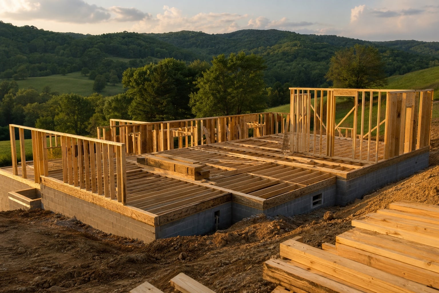 Tennessee VA one-time-close construction loans Tennessee home at the foundation and early framing stage with rolling wooded hills