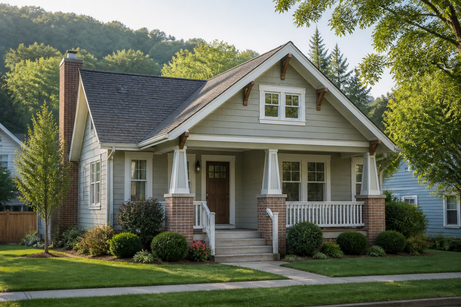 Craftsman home with a closed front door and wooded Tennessee foothills