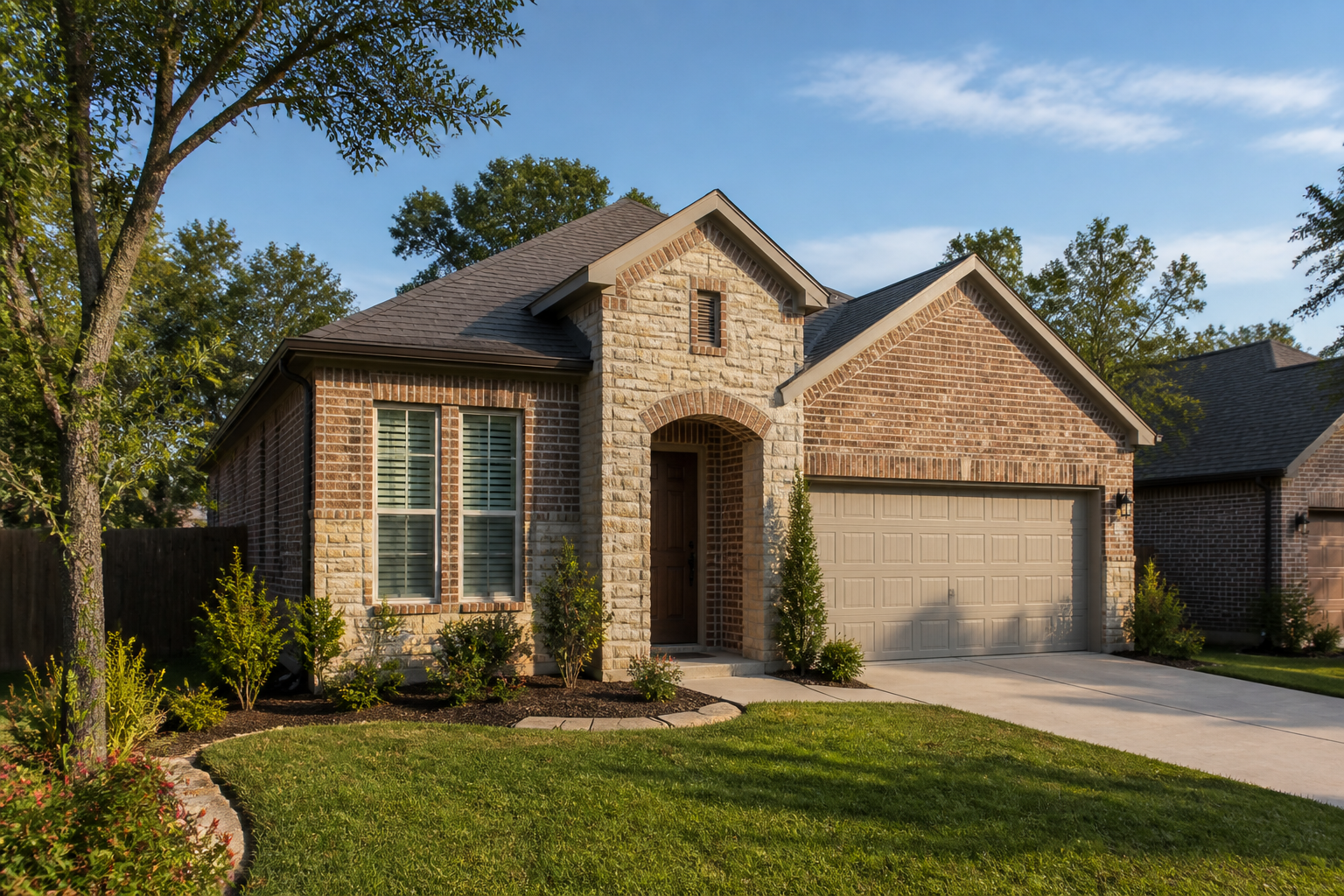 Single-story brick and stone home in an established Texas neighborhood Single-story brick and stone home in an established Texas neighborhood