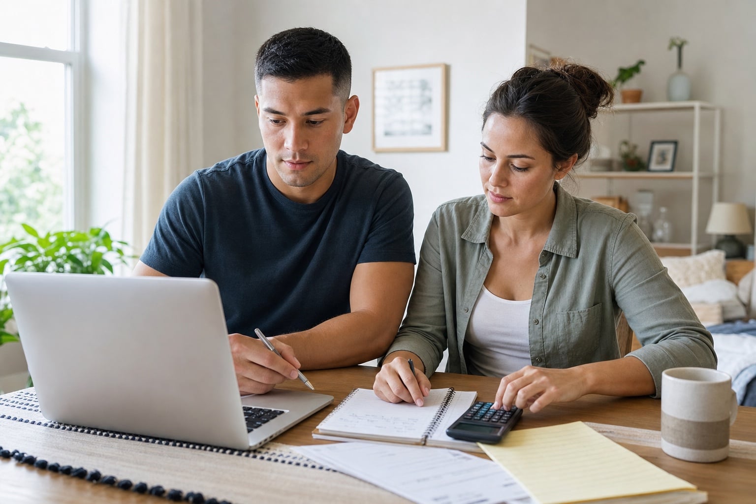 Estimate military BAH and BAS for a housing budget Military household comparing a housing budget with a laptop, calculator, and written notes
