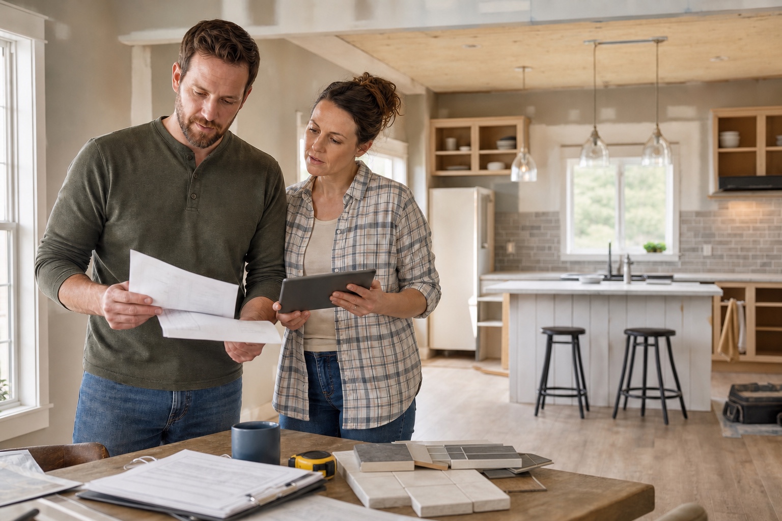 Plan a VA cash-out refinance for home renovations Couple reviewing renovation plans and material samples in a kitchen remodel