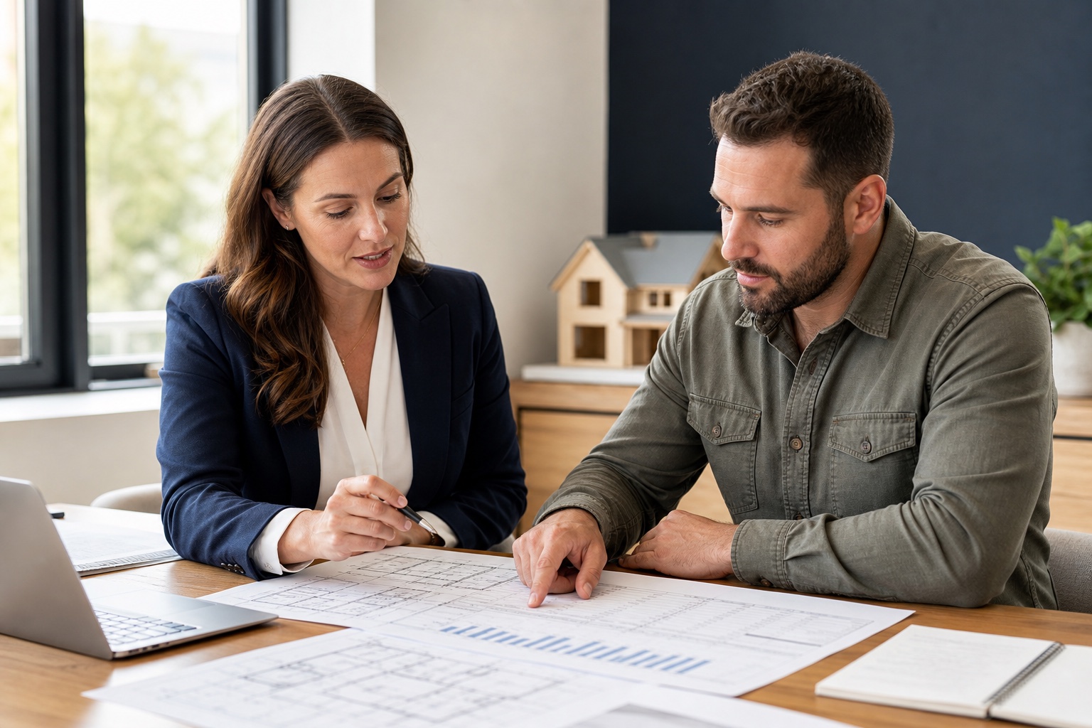 Two people seated at a table reviewing a project budget and house plans