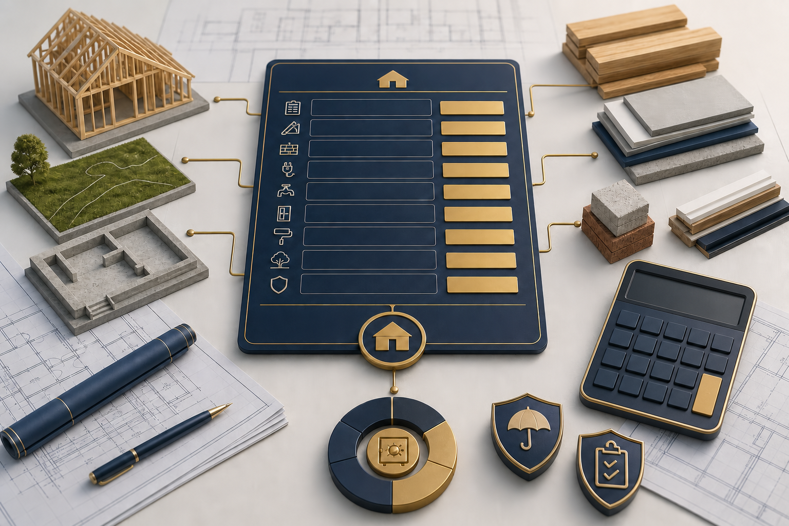Construction components and planning documents House frame, building materials, calculator, and project checklist arranged over construction plans