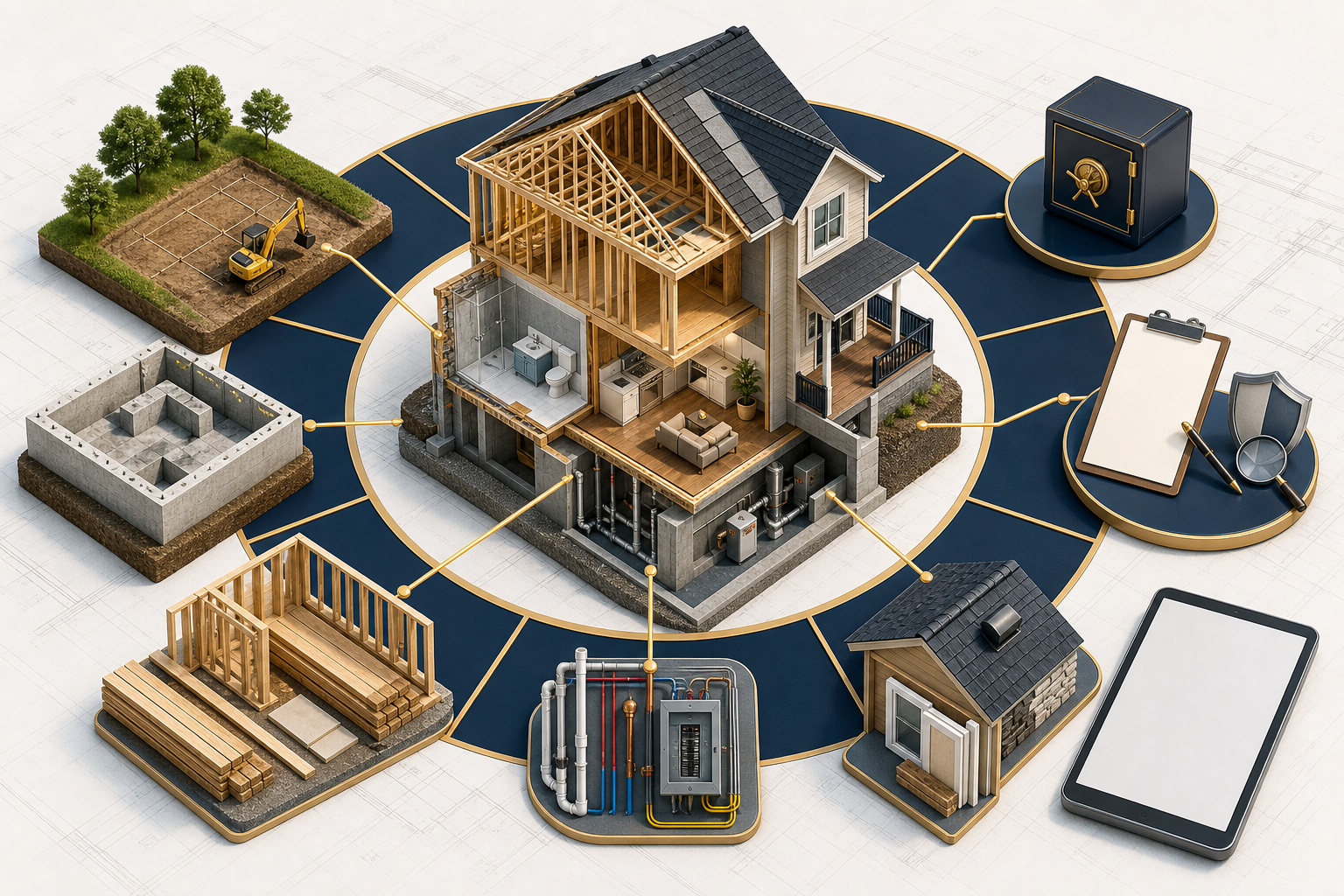 VA construction project budget categories graphic Cutaway home connected to land, foundation, framing, utilities, finishes, insurance, and contingency budget categories