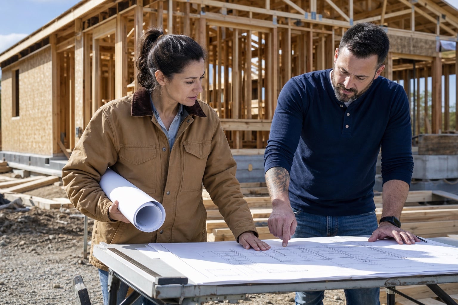 A woman in a work jacket and a man reviewing plans beside a framed house
