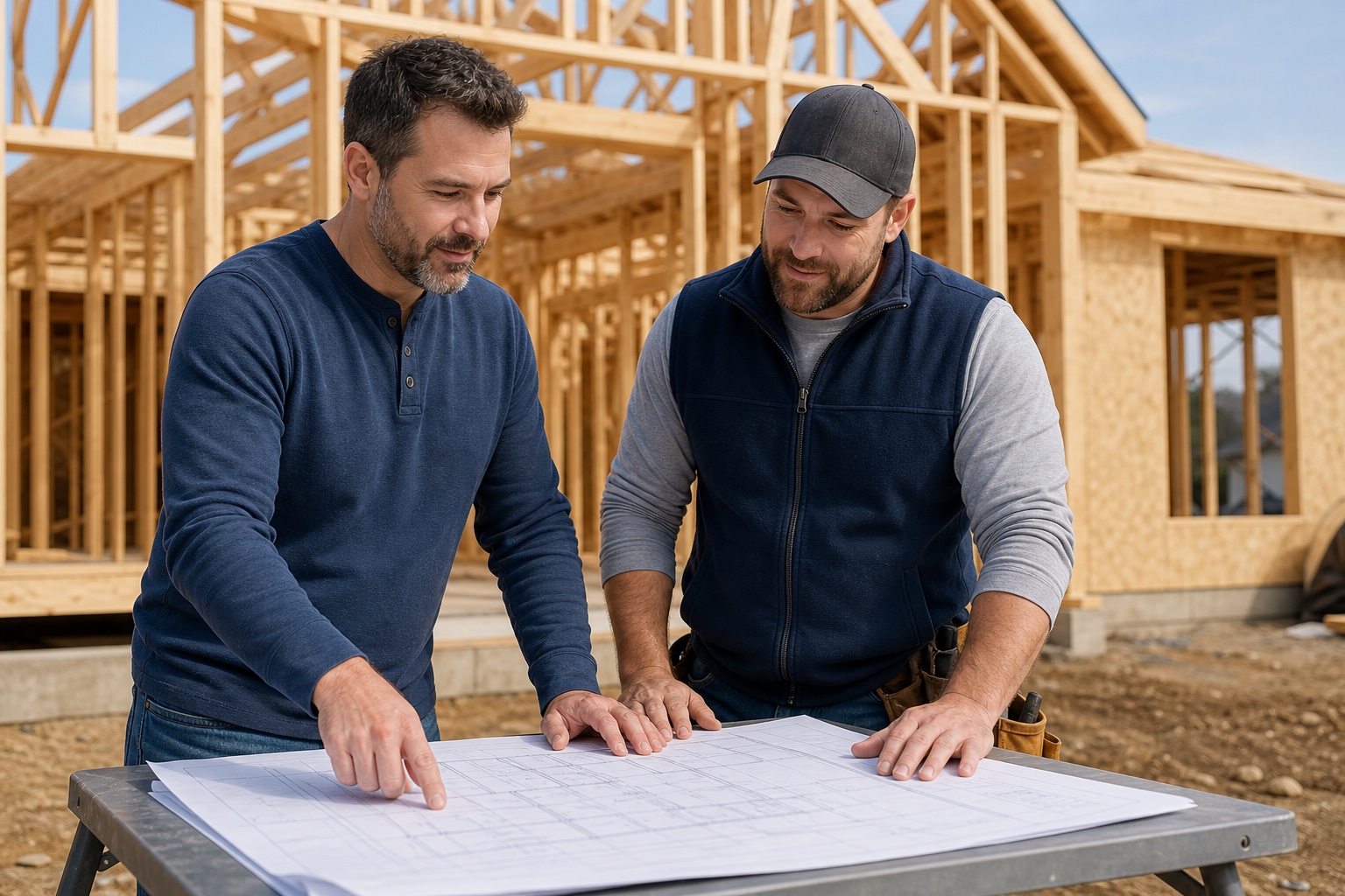 Two men reviewing construction plans beside a framed house