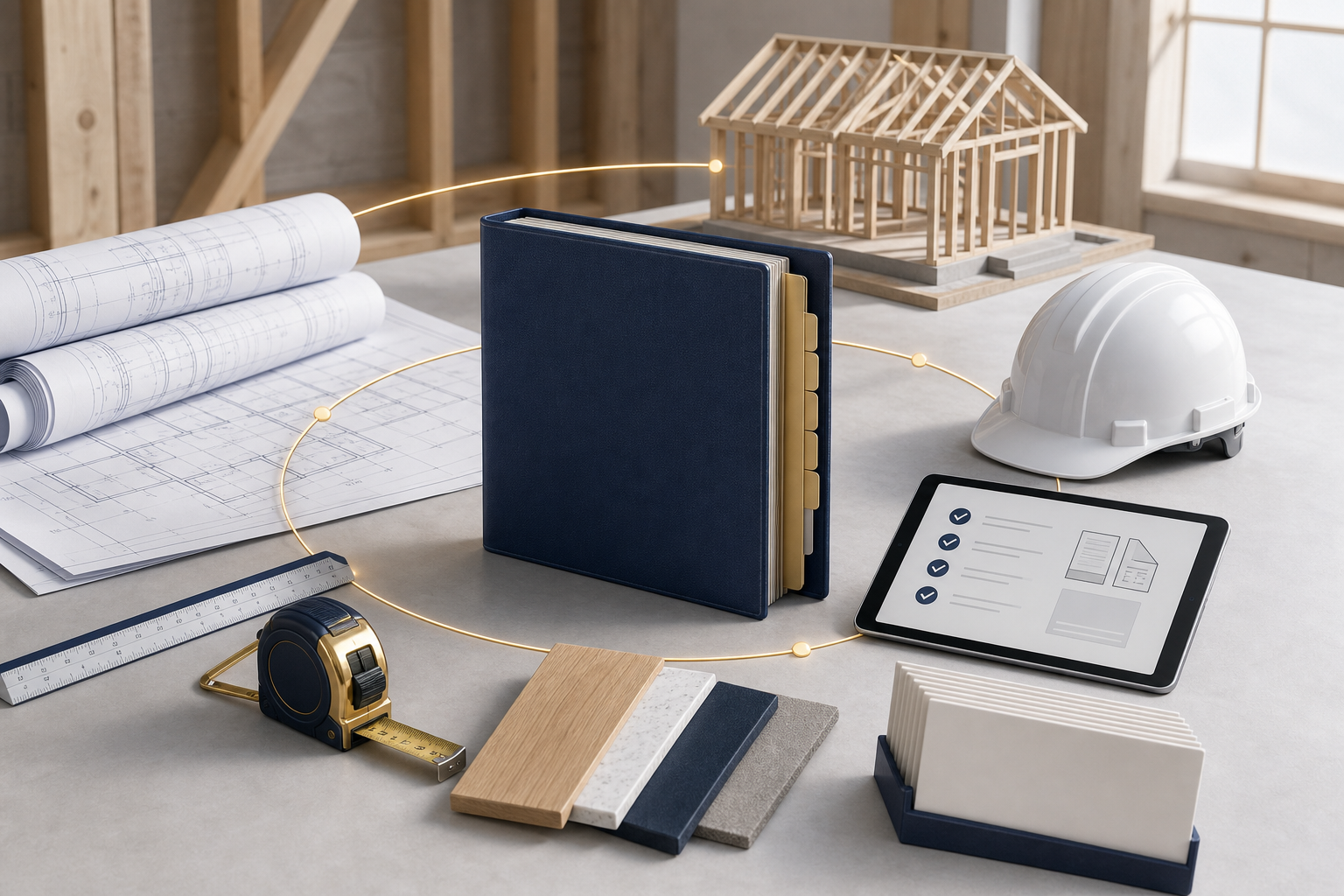 Builder toolkit with construction plans, project binder, hard hat, material samples, and framed home model
