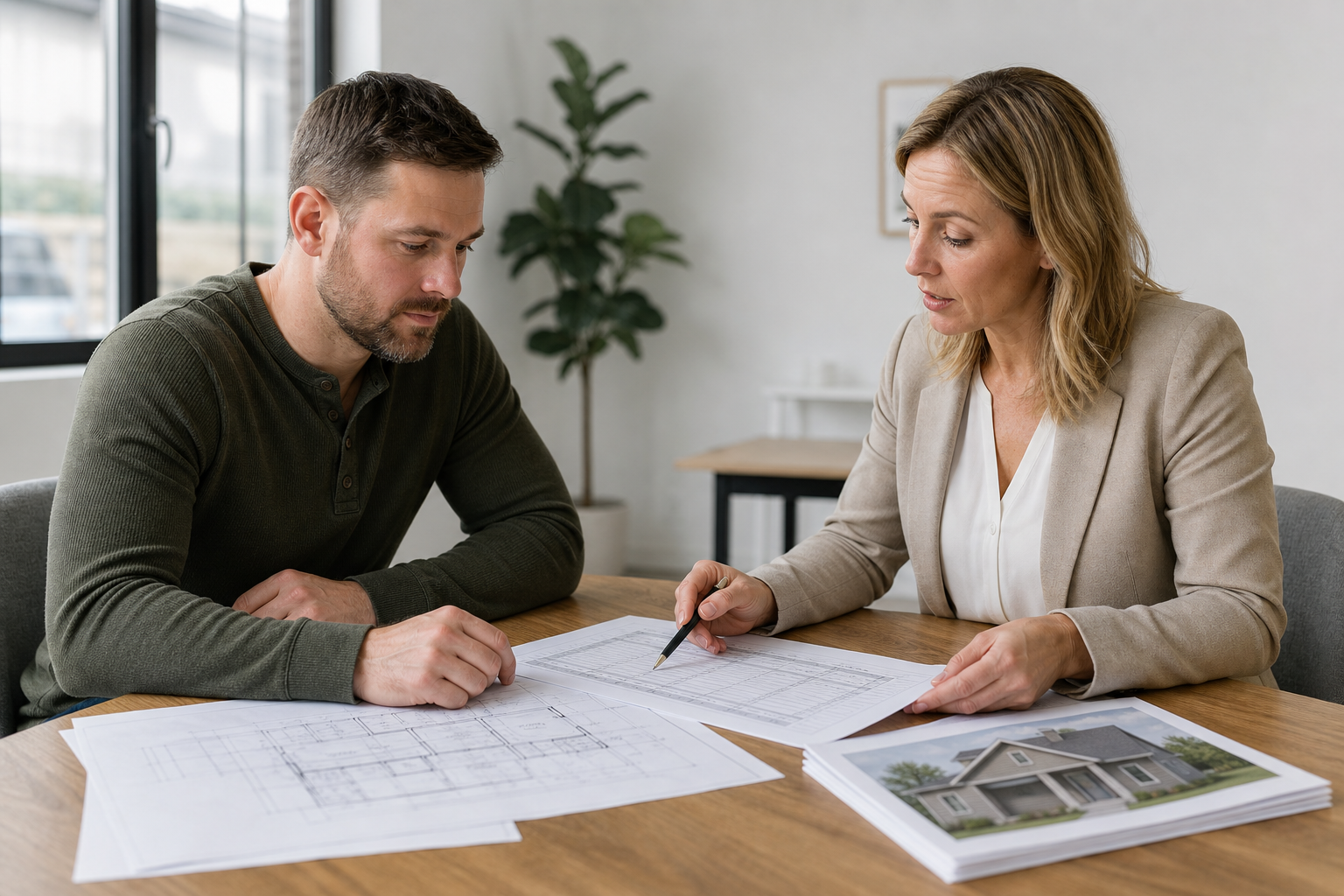 Two people seated at a table reviewing plans and a project budget