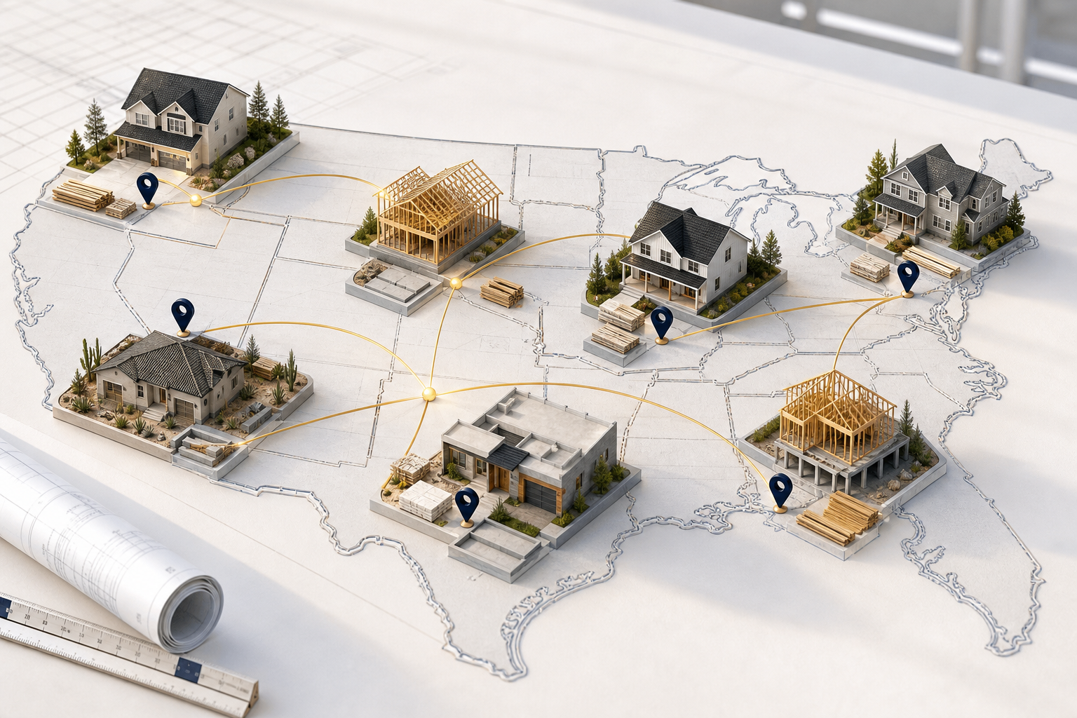 Home construction stages shown across a United States map United States map with completed homes, framing stages, and construction location markers