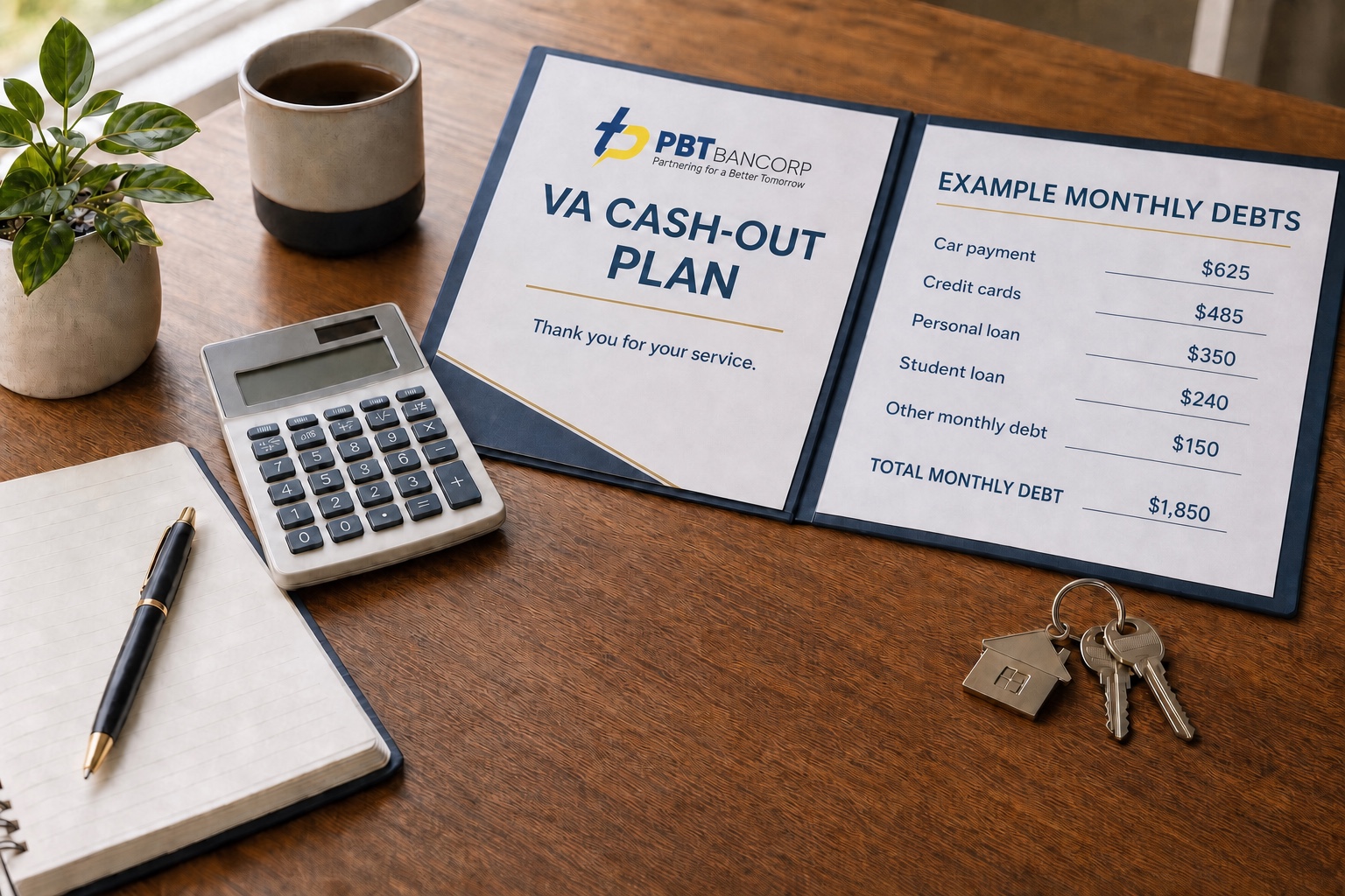 Open planning folder beside a worksheet listing example monthly debt payments totaling $1,850