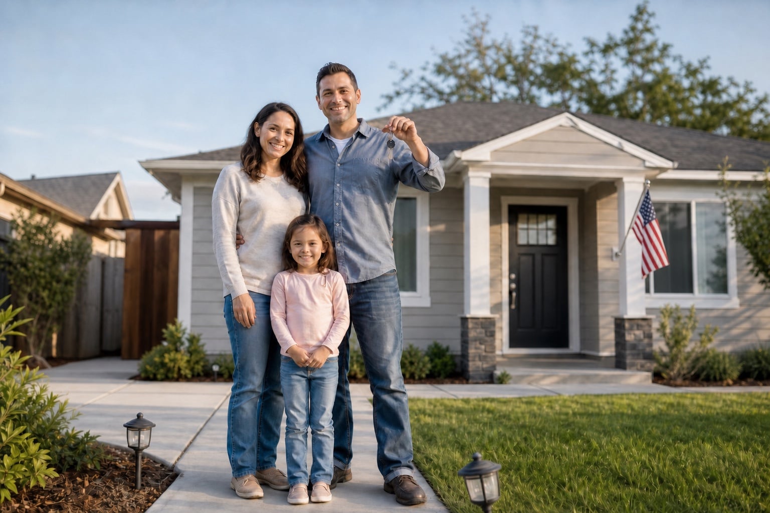 Veteran family holding house keys in front of a home with an American flag