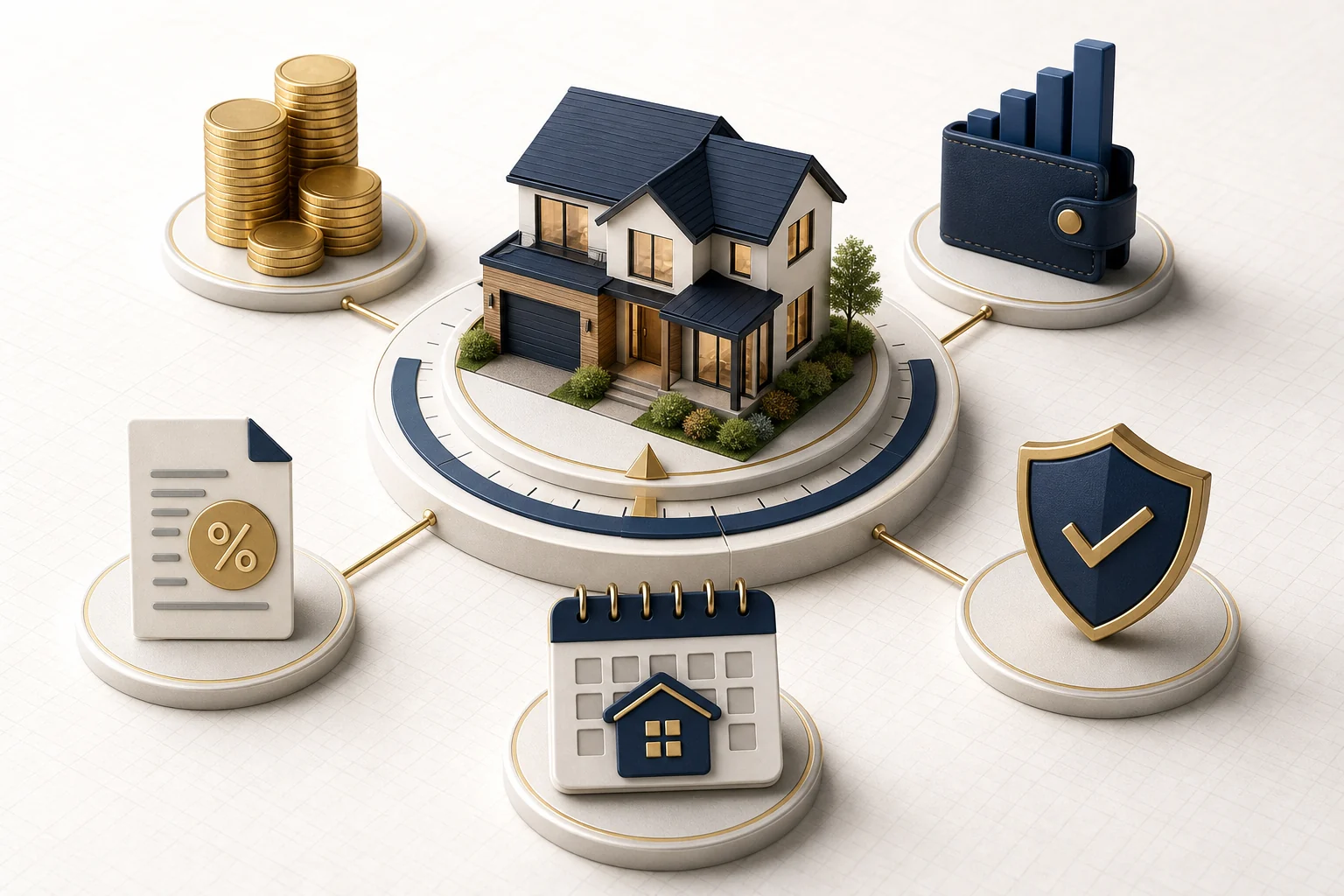 Model home surrounded by coin stacks, a rate document, calendar, shield, and budget chart