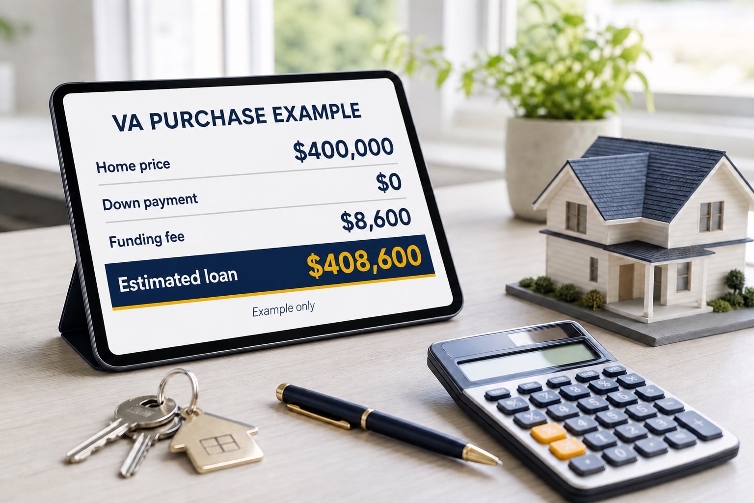 Tablet showing a $400,000 VA purchase example beside a calculator, model house, pen, and keys