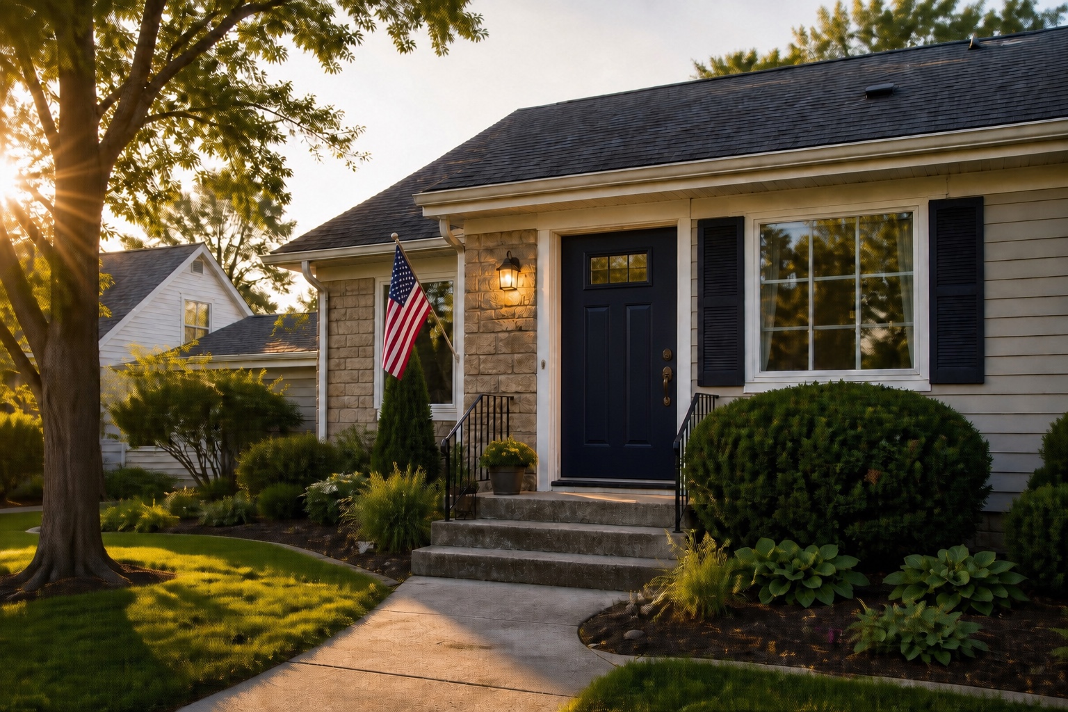 Review VA home loan options after credit challenges Single-story home with an American flag mounted beside a closed navy front door
